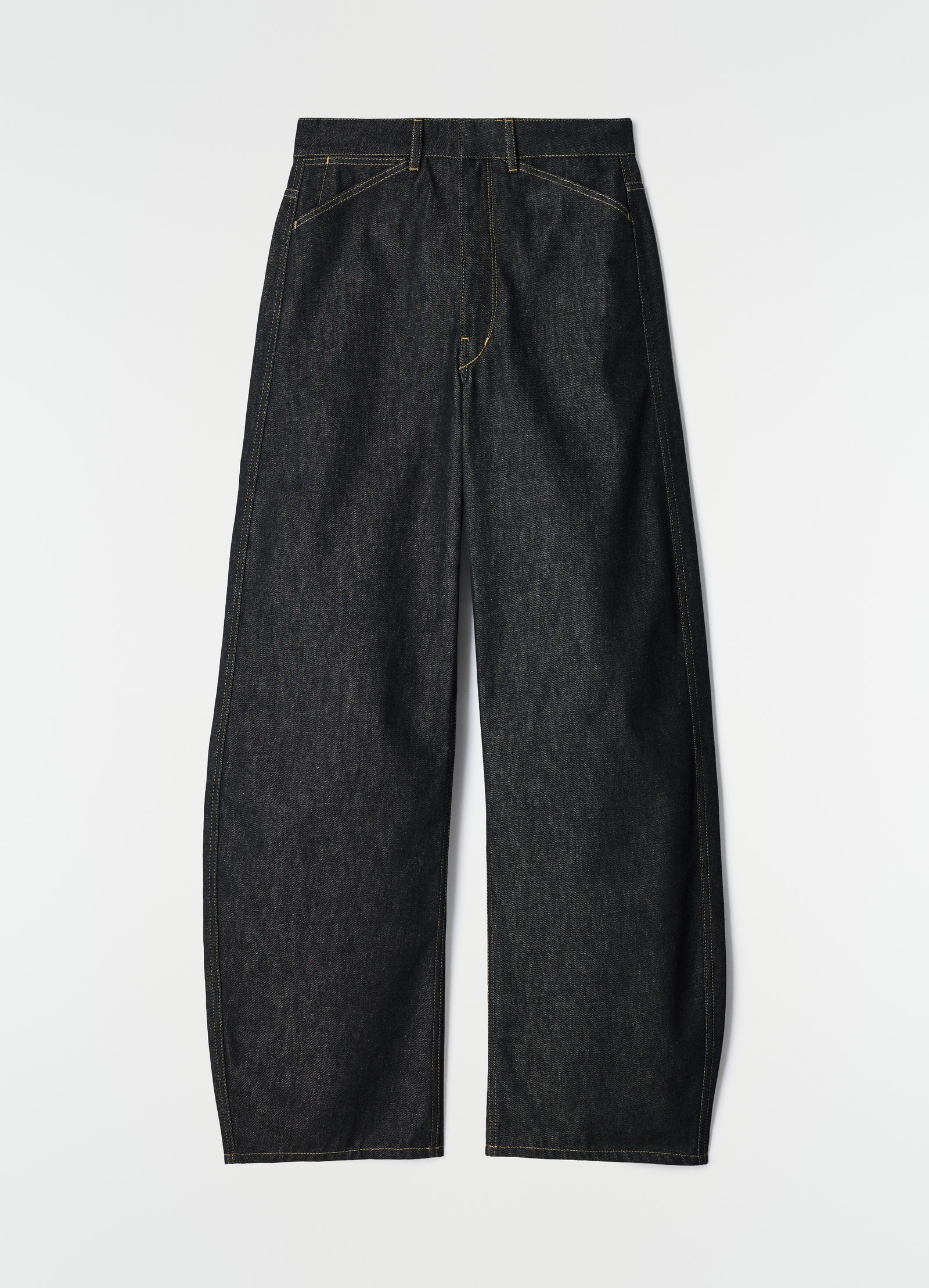High waisted black denim pants with curved fit and contrast stitching by lemaire on plain white background