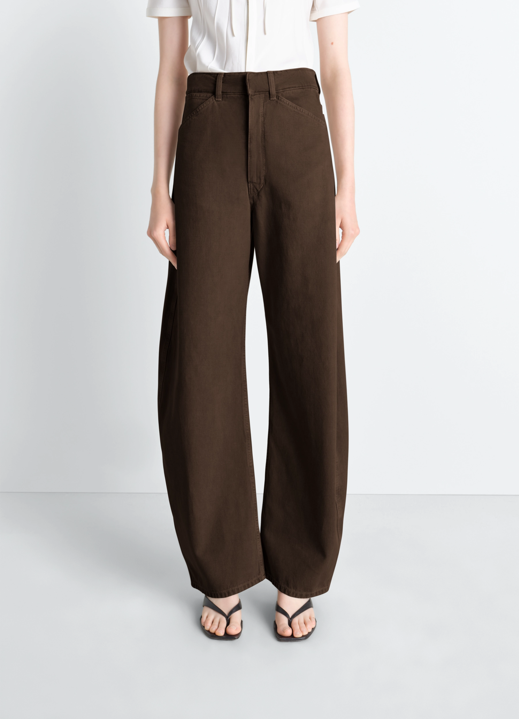 HIGH WAISTED CURVED PANTS IN DYED HEAVY BROKEN TWILL - Cacao