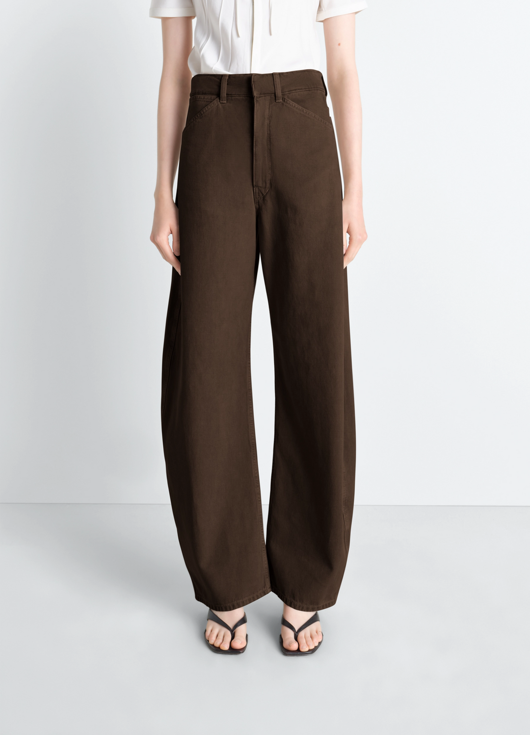 High Waisted Curved Pants in Dyed Heavy Broken Twill, model shot, front view rounded shape, wide leg