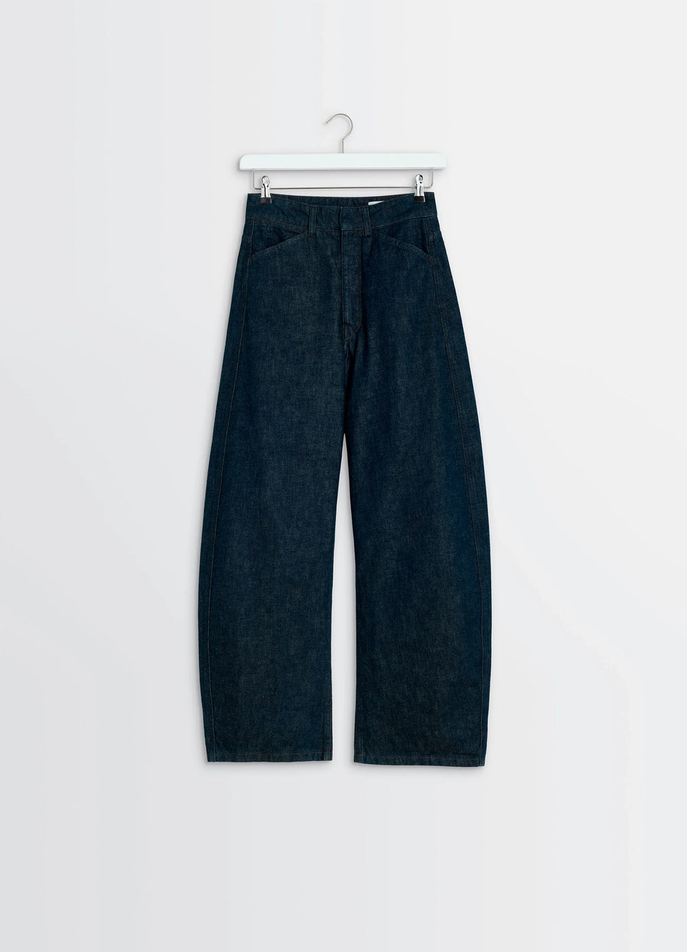 Lemaire High Waisted Curved Pants in Deep Indigo Thick Denim, product shot, back view wide leg slightly tapered