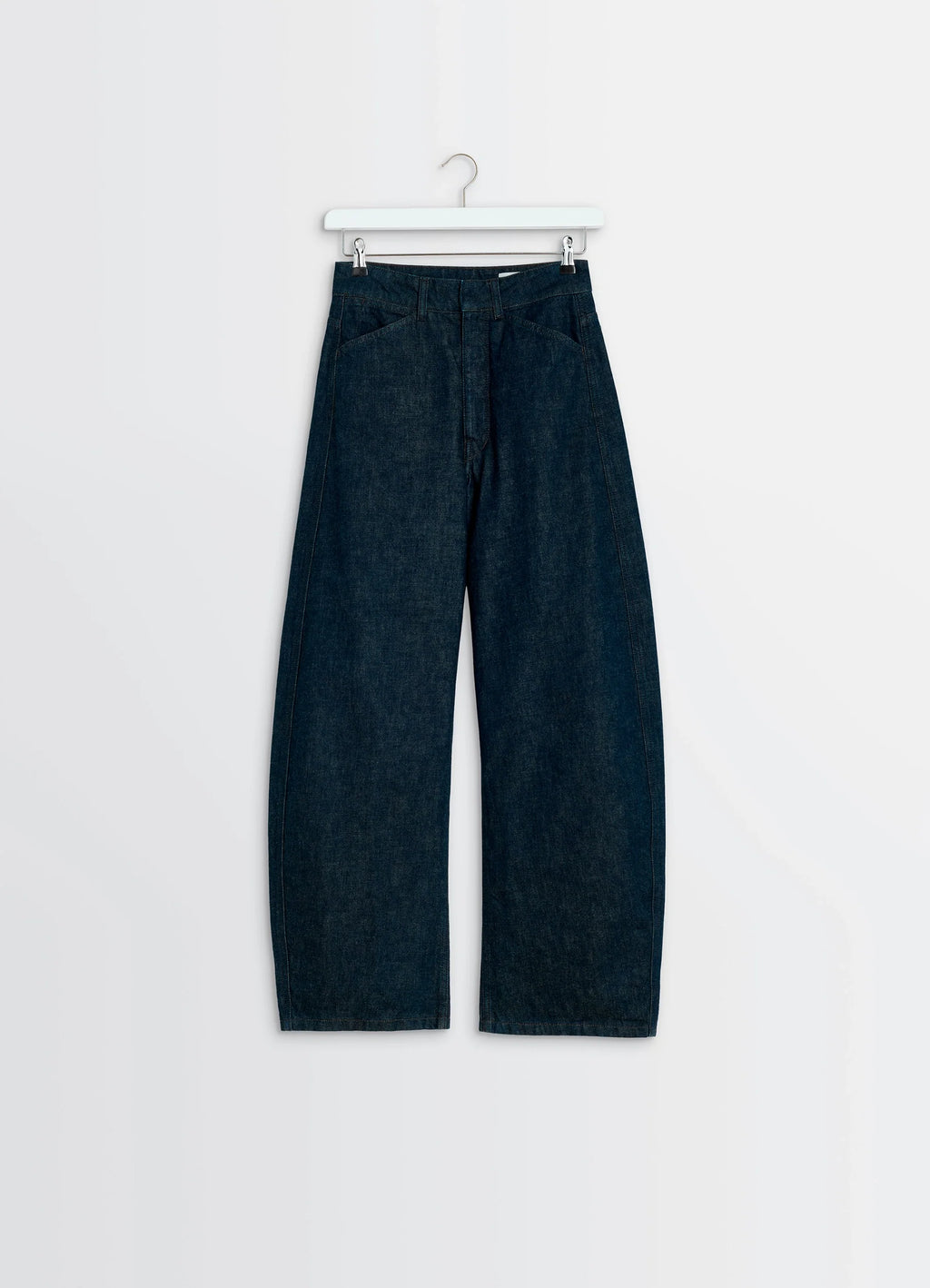 Lemaire High Waisted Curved Pants in Deep Indigo Thick Denim, product shot, back view wide leg slightly tapered