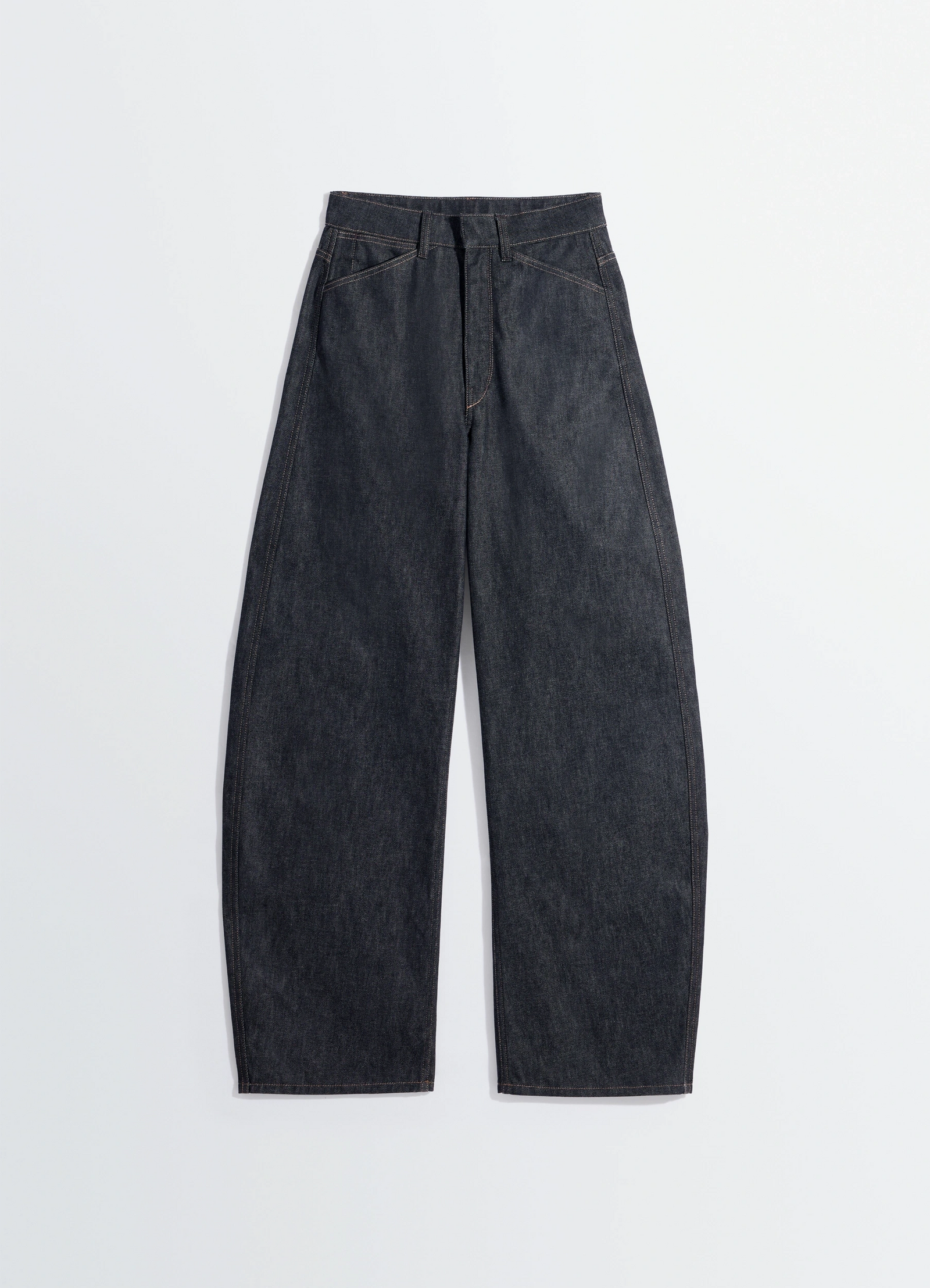 Lemaire high waisted curved pants in slate denim, product shot, top-down view straight leg fold detail