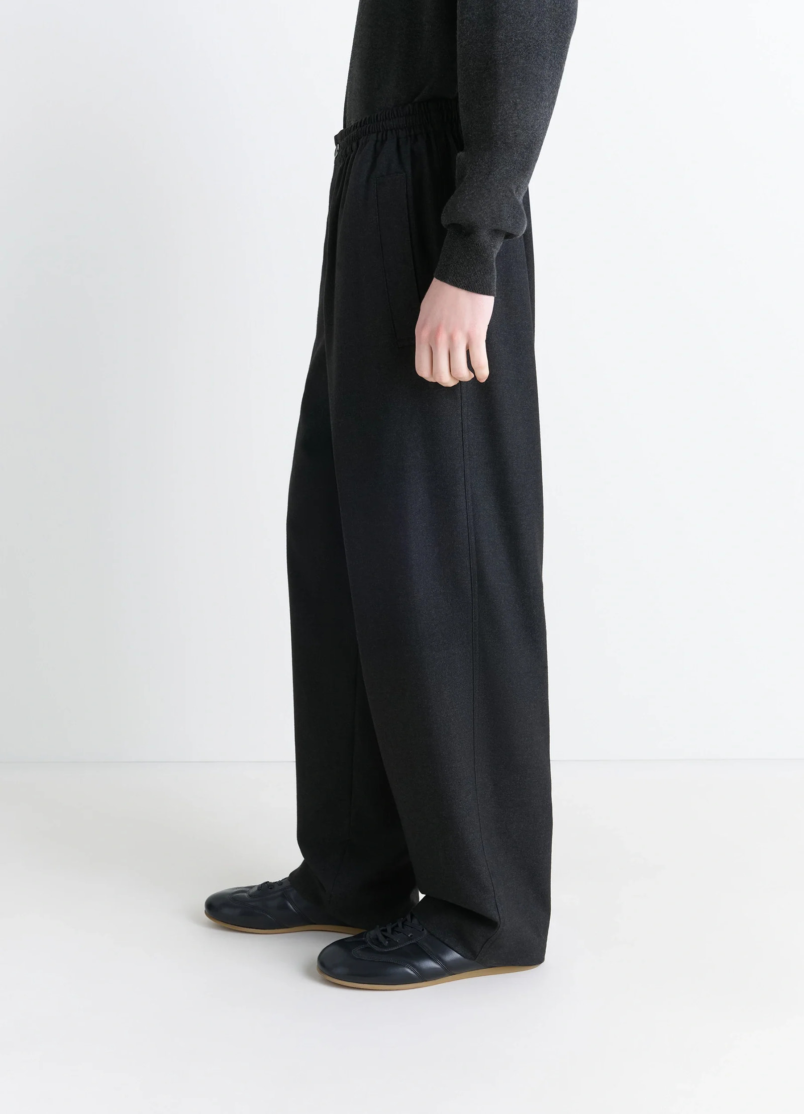 Lemaire soft pyjama pants in cashmere-blend, model shot, three-quarter side view wide leg cut