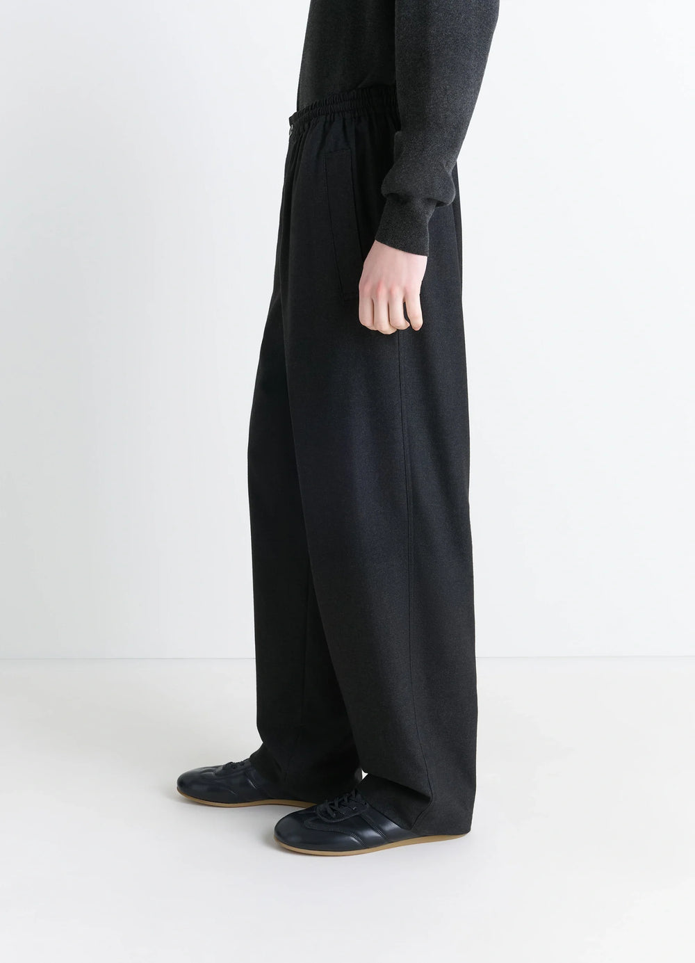 Lemaire Soft Pyjama Pants in Cashmere-blend, model shot, three-quarter side view wide leg cut