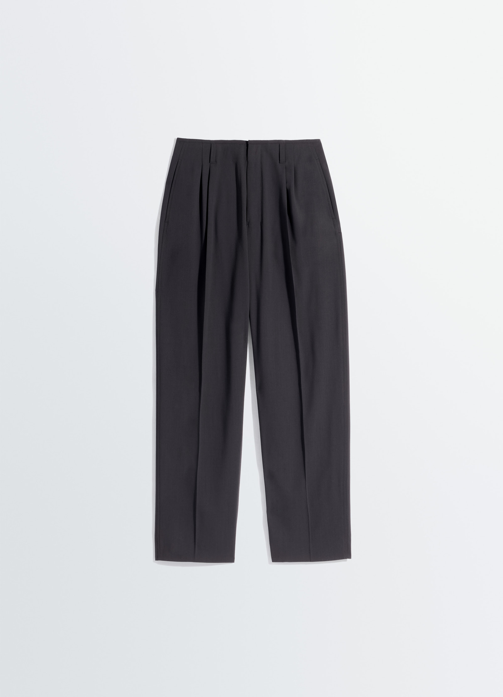Soft tailored pants in wool crepe, product shot, top view pleat front
