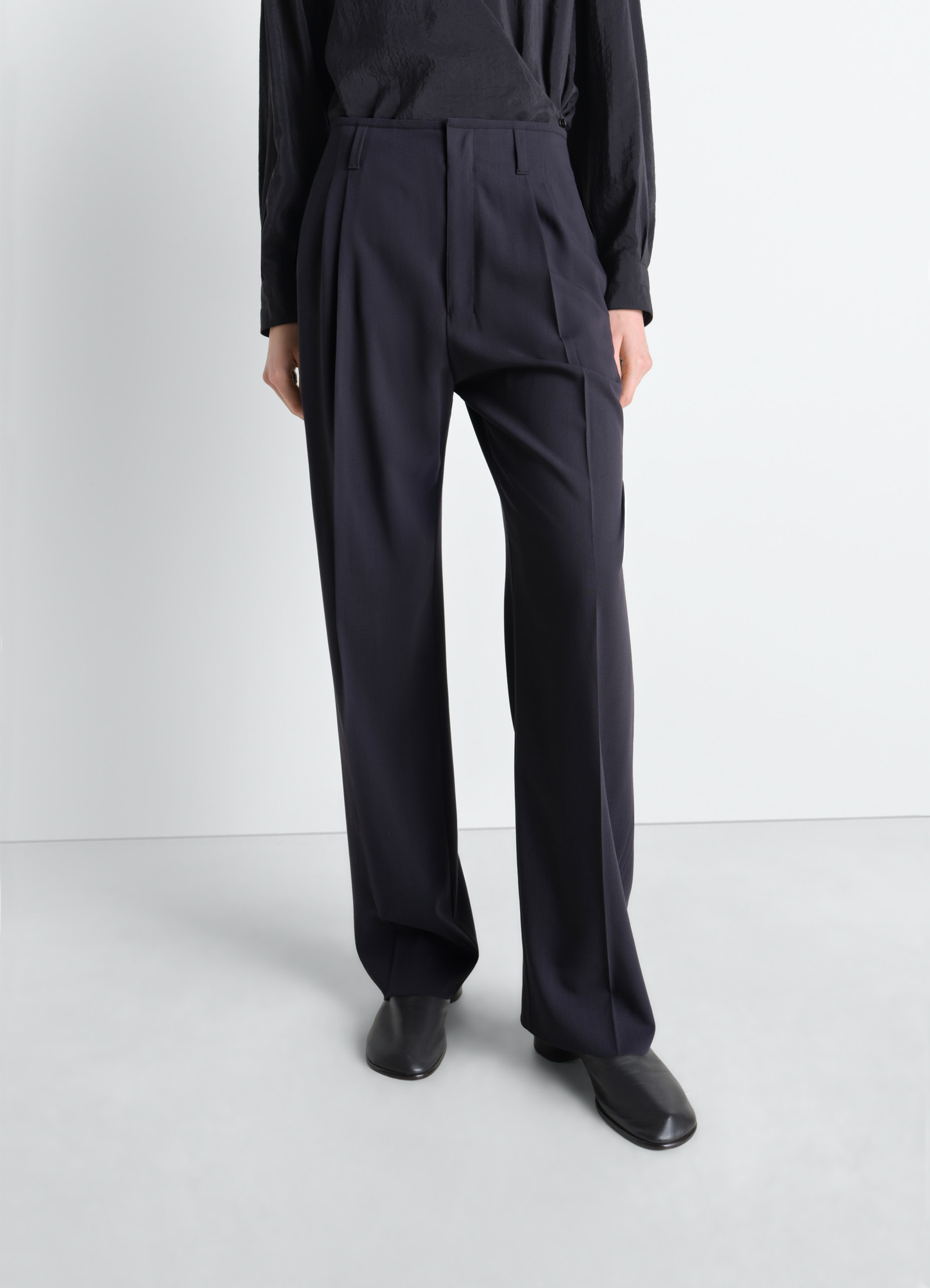 Soft tailored pants in wool crepe, model shot, front full view wide leg tailoring