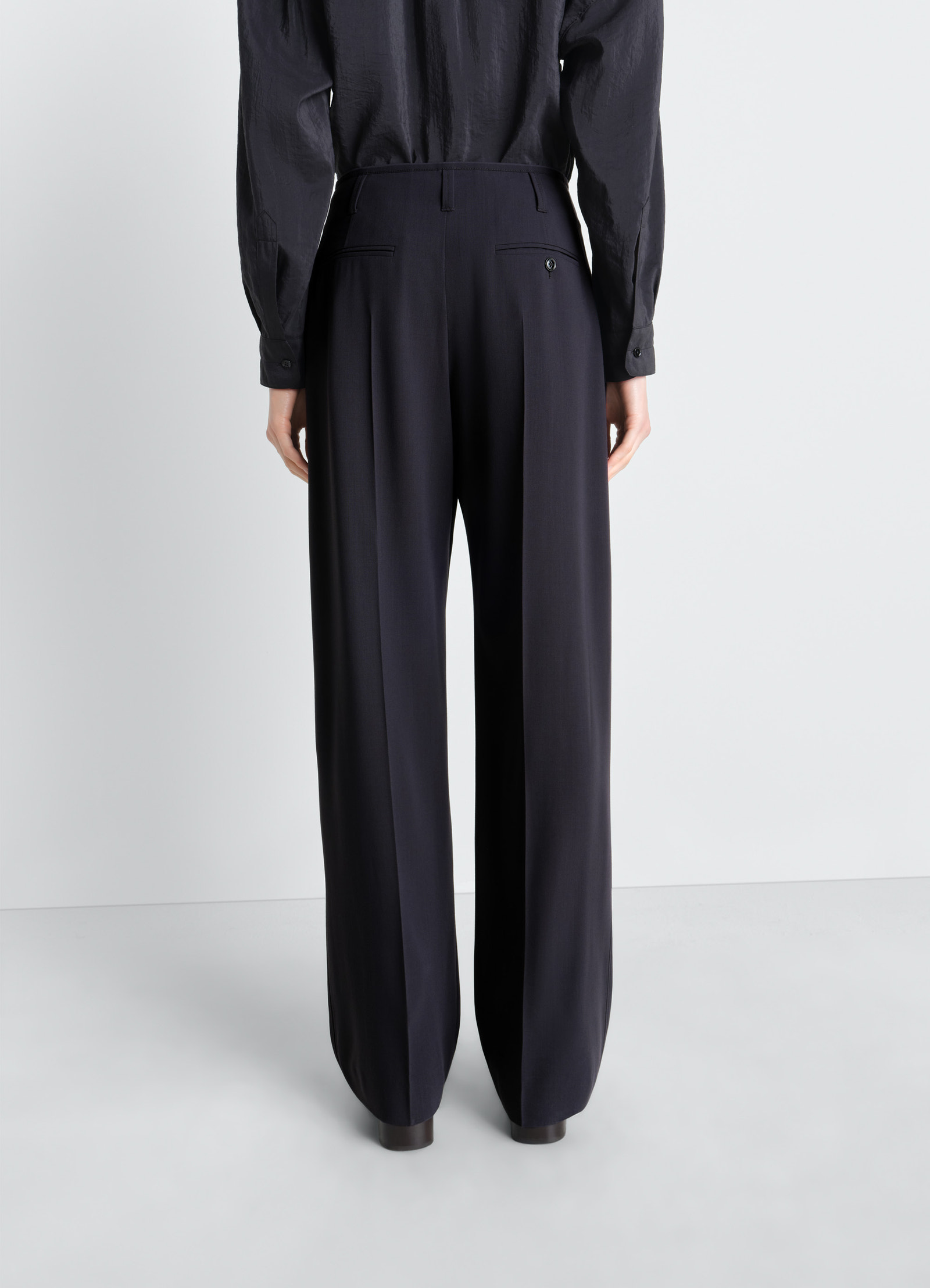 Soft tailored pants in wool crepe, model shot, back full view high waist design