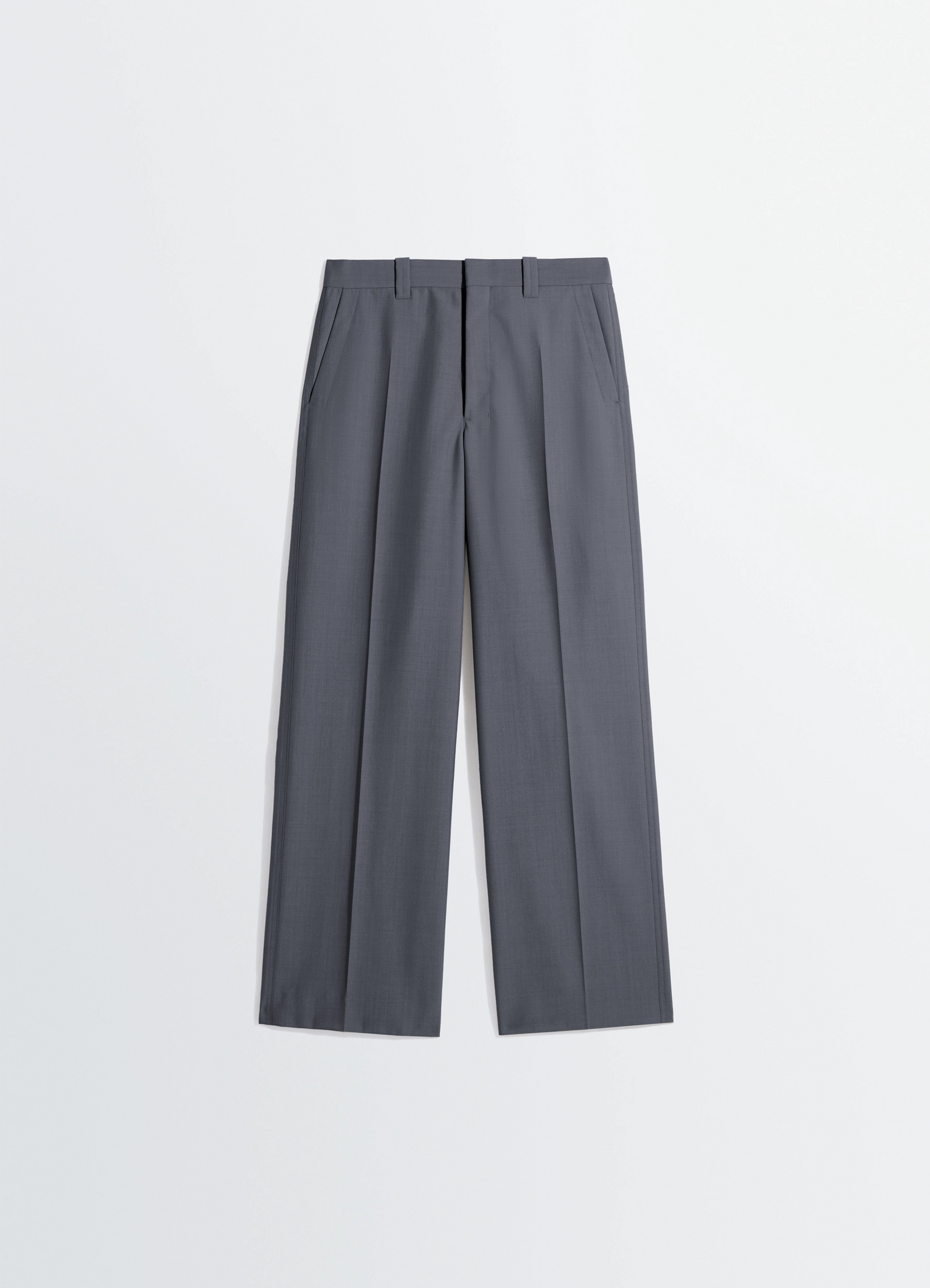 Straight tailored pants in polywool, product shot, top-down flat lay pleated with belt loops