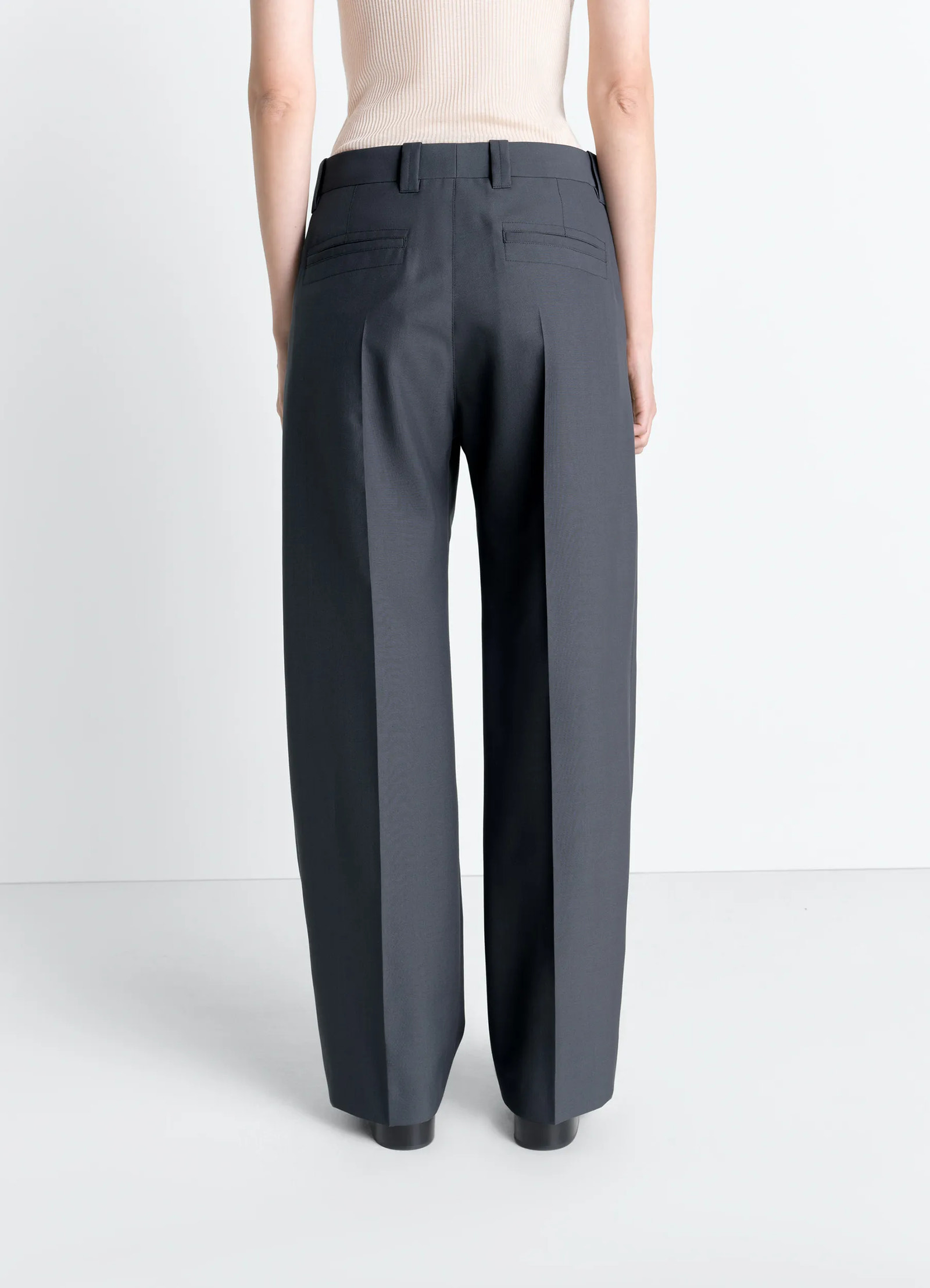 Straight tailored pants in polywool, model shot, back view straight wide leg, belt loops