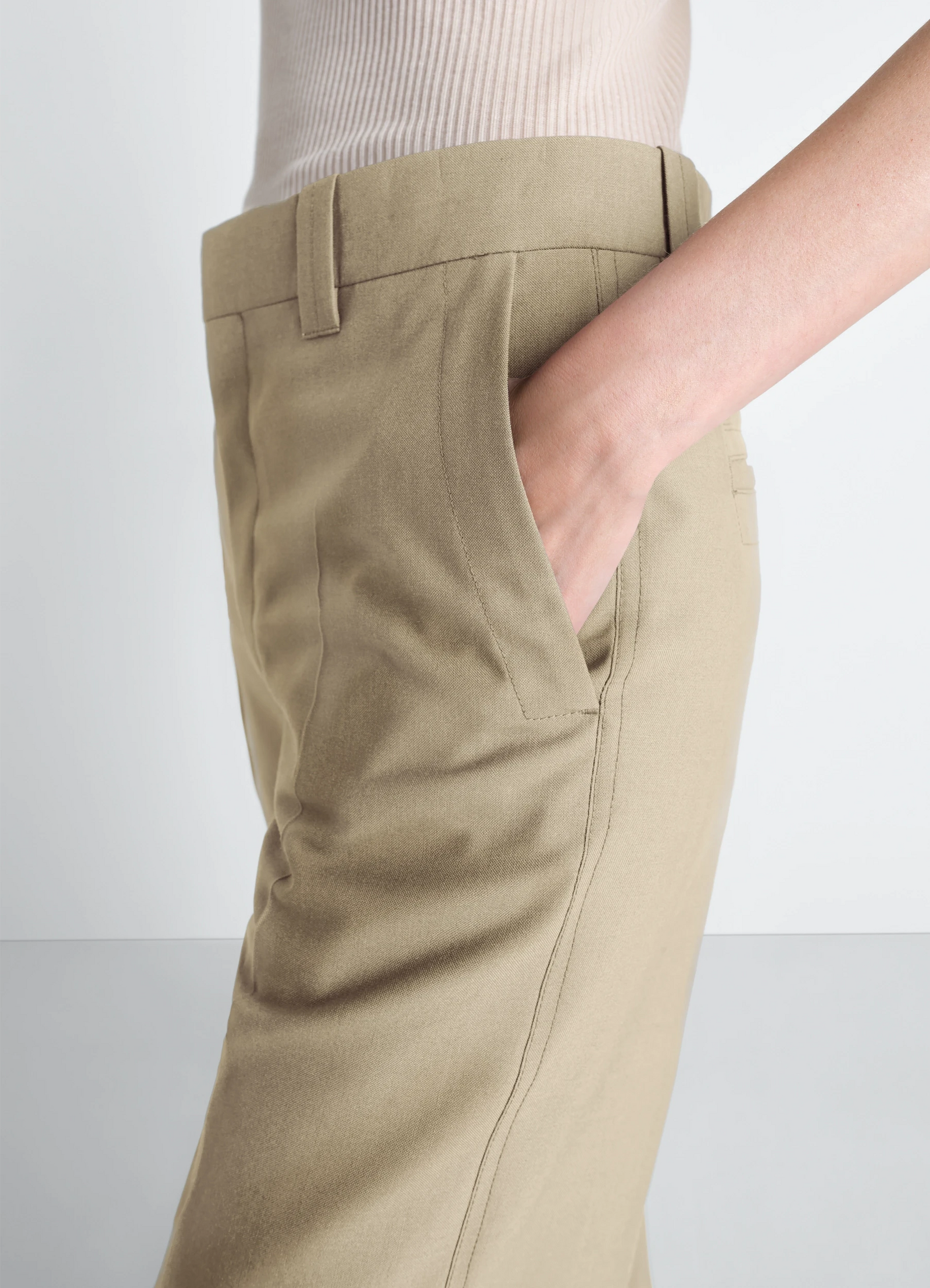 Straight tailored pants in polywool, model shot, close-up side detail tailored fit