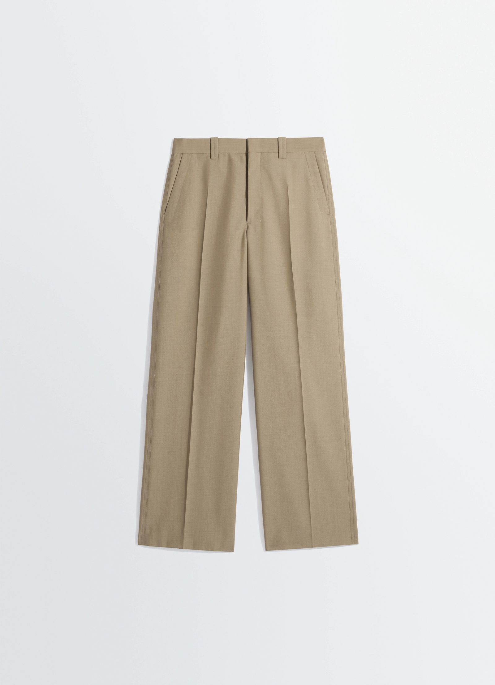 Straight tailored pants in polywool, product shot, top view belt loops, flat front