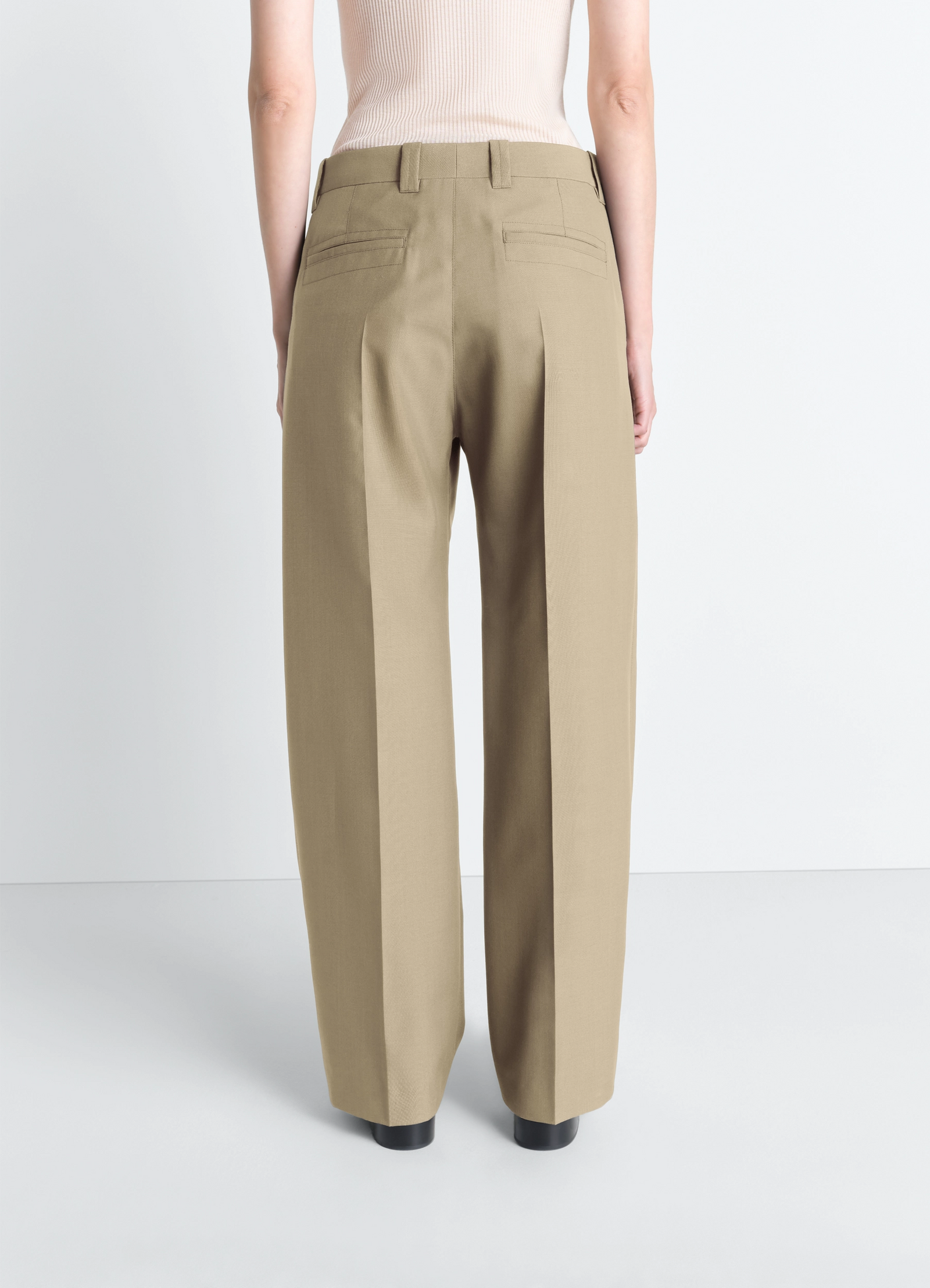 Straight tailored pants in polywool, model shot, detailed back view high waistband, pleat detail