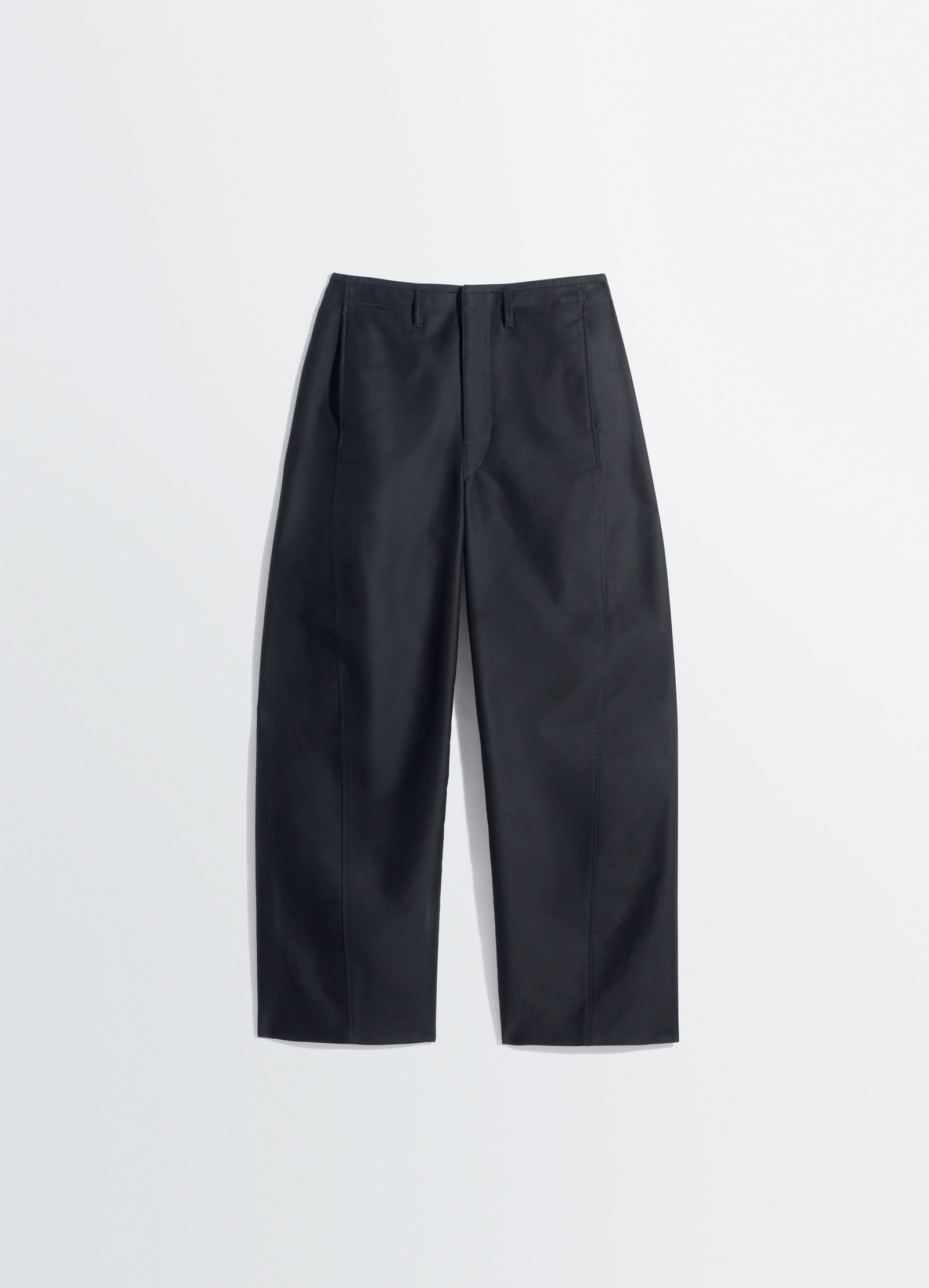 Twisted chino pants in cotton satin, product shot, top-down view pleated front