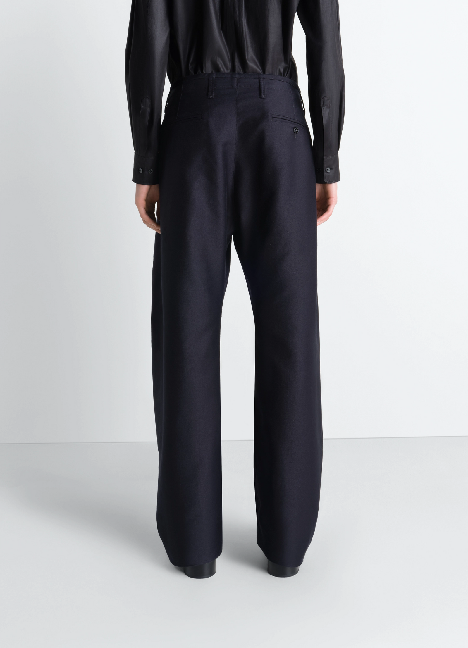 Twisted chino pants in cotton satin, model shot, back view straight cut