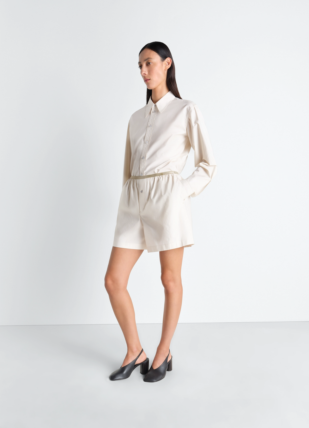 Lemaire Boxer Shorts in Washed Cotton Silk, model shot, Front view Relaxed fit