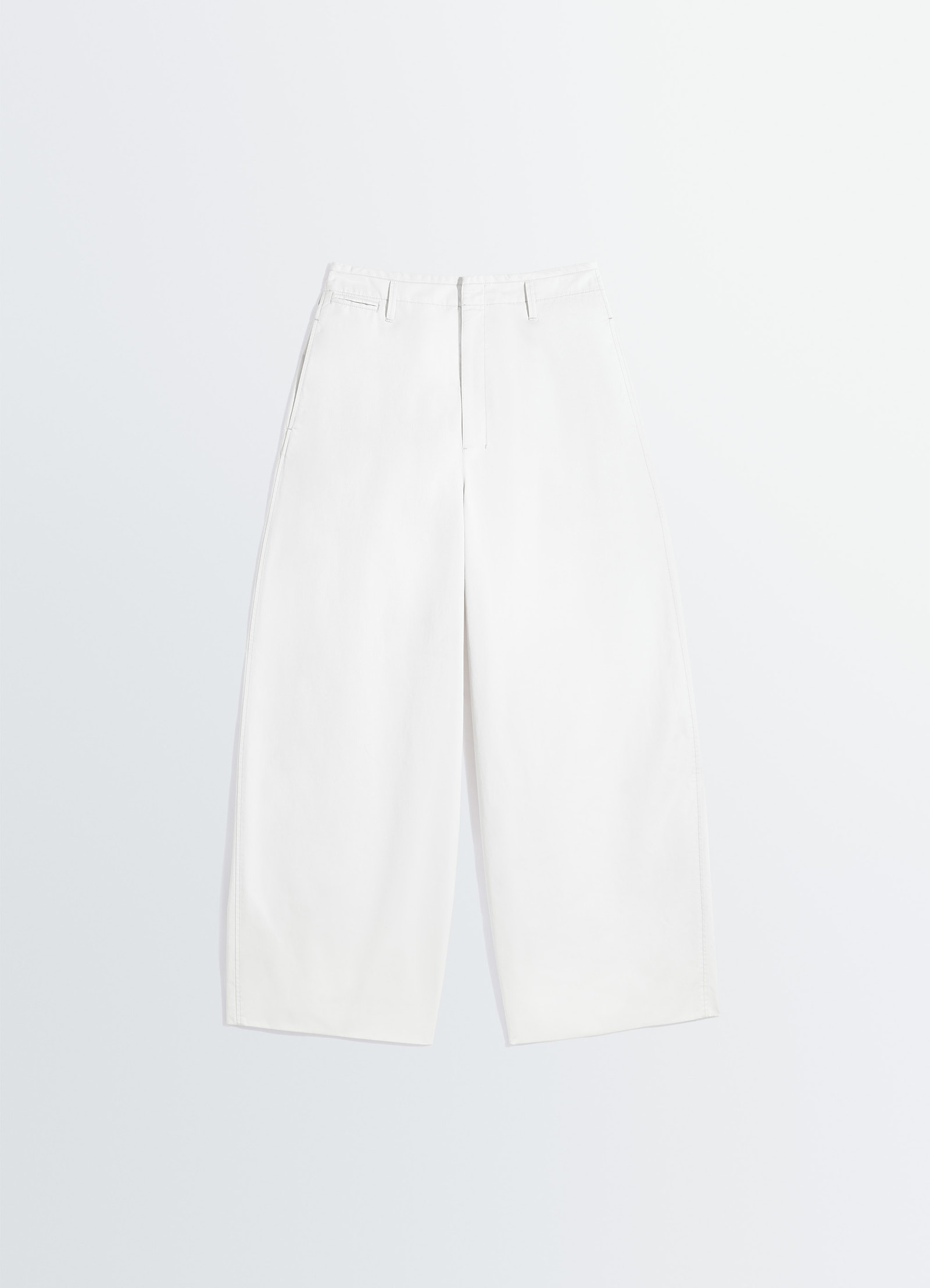 Lemaire large chino pants in cotton twill, product shot, top-down view straight leg, belt loops