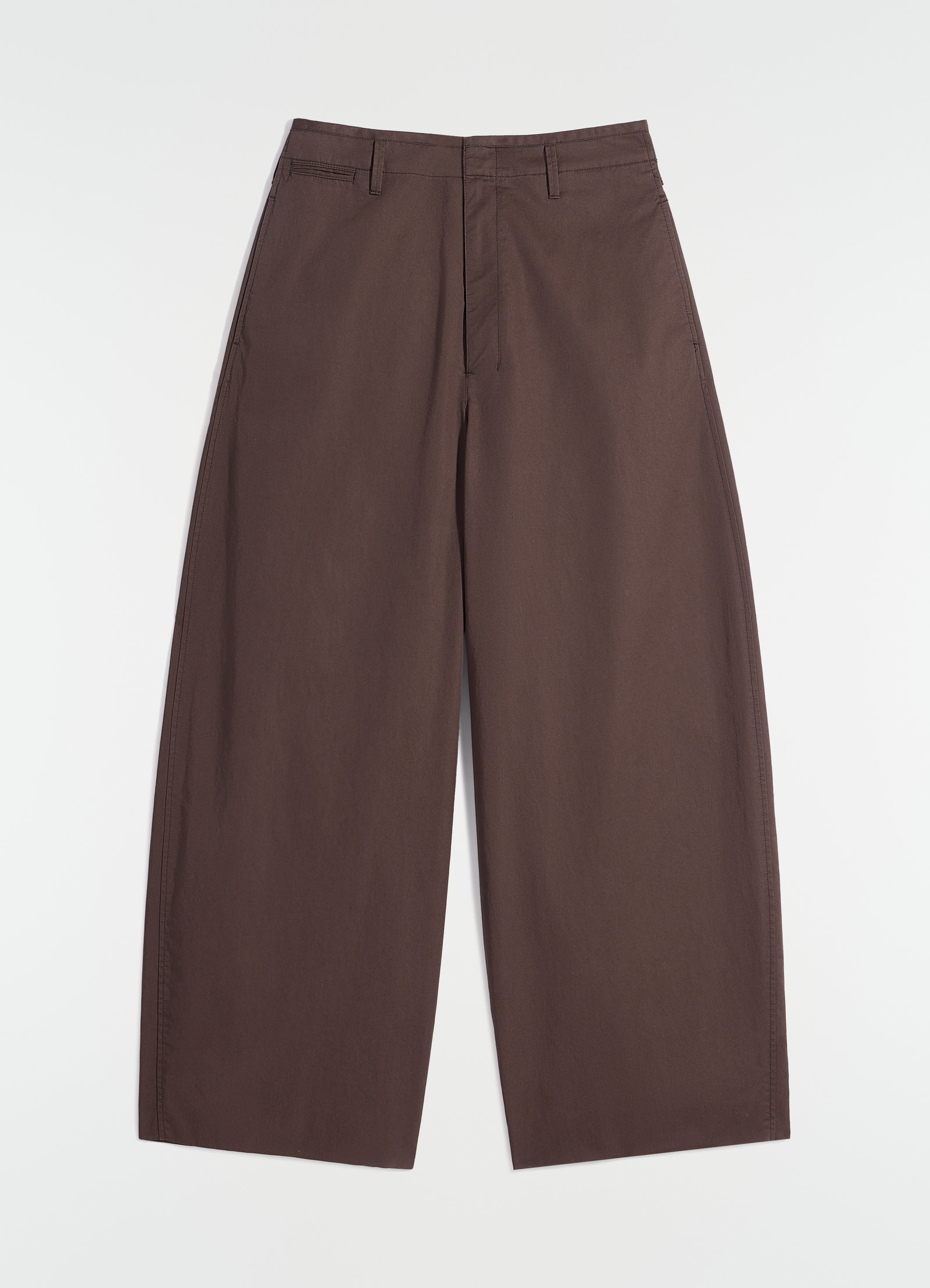 Lemaire large chino in brown cotton twill, product shot, top view straight leg