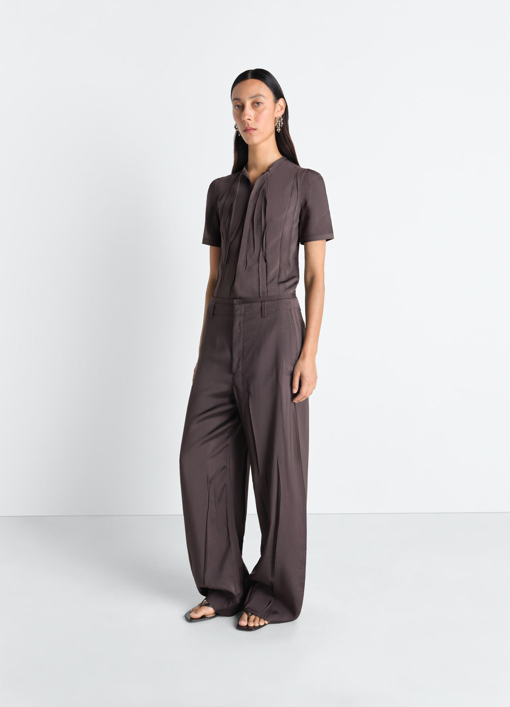 Creased Soft Pants in Poly Viscose Twill, model shot, front view wide leg design