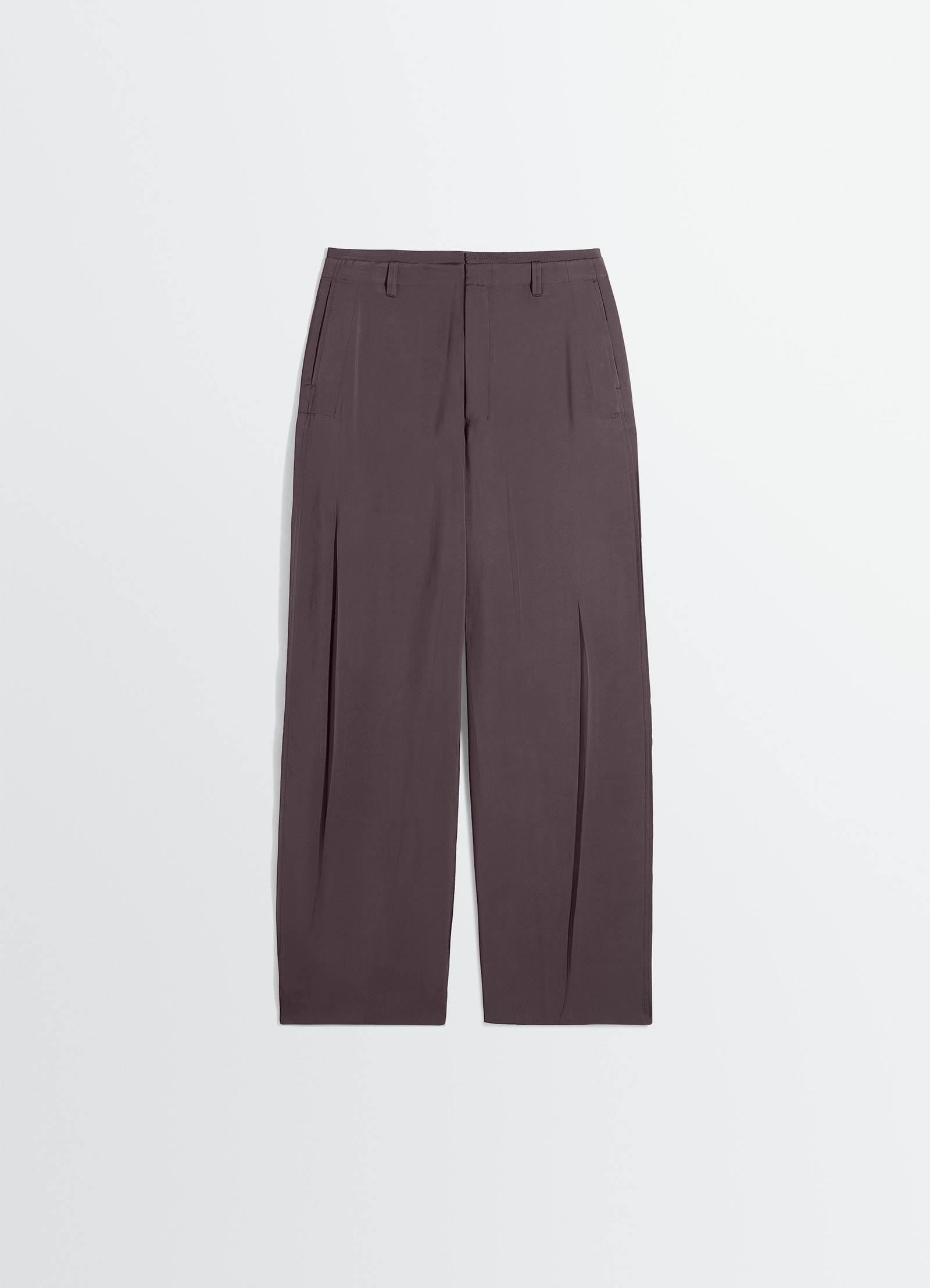 Creased soft pants in poly viscose twill, product shot, top down view belt loops, flat front