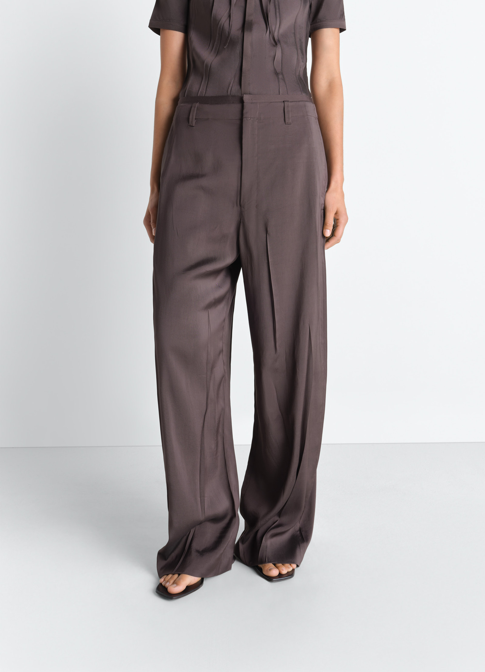 Creased soft pants in poly viscose twill, model shot, front close-up creased texture