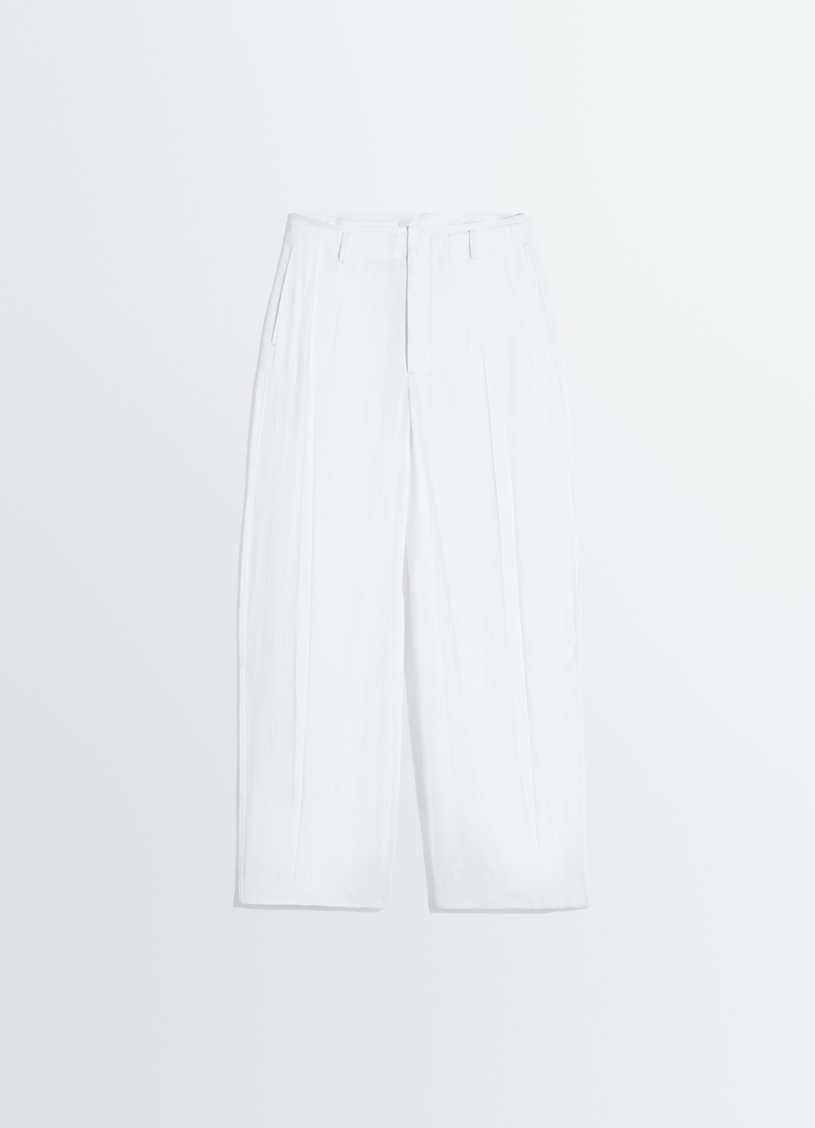 Creased soft pants in poly viscose twill, product shot, overhead view pleated waistband detail