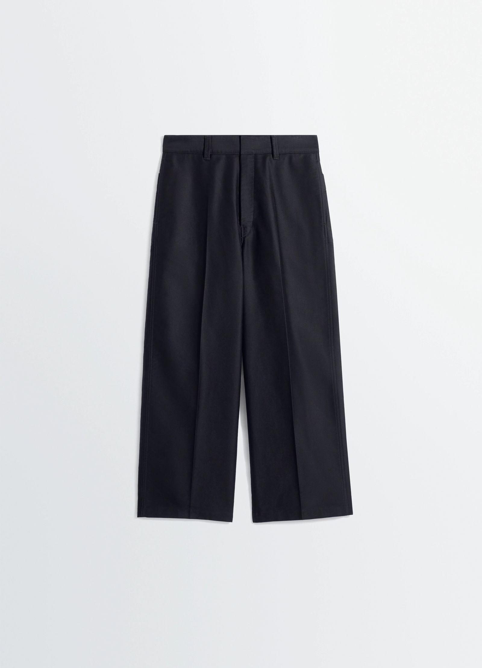 Lemaire wide workwear pants in cotton satin, product shot, hanging frontal view pleated front, belt loops