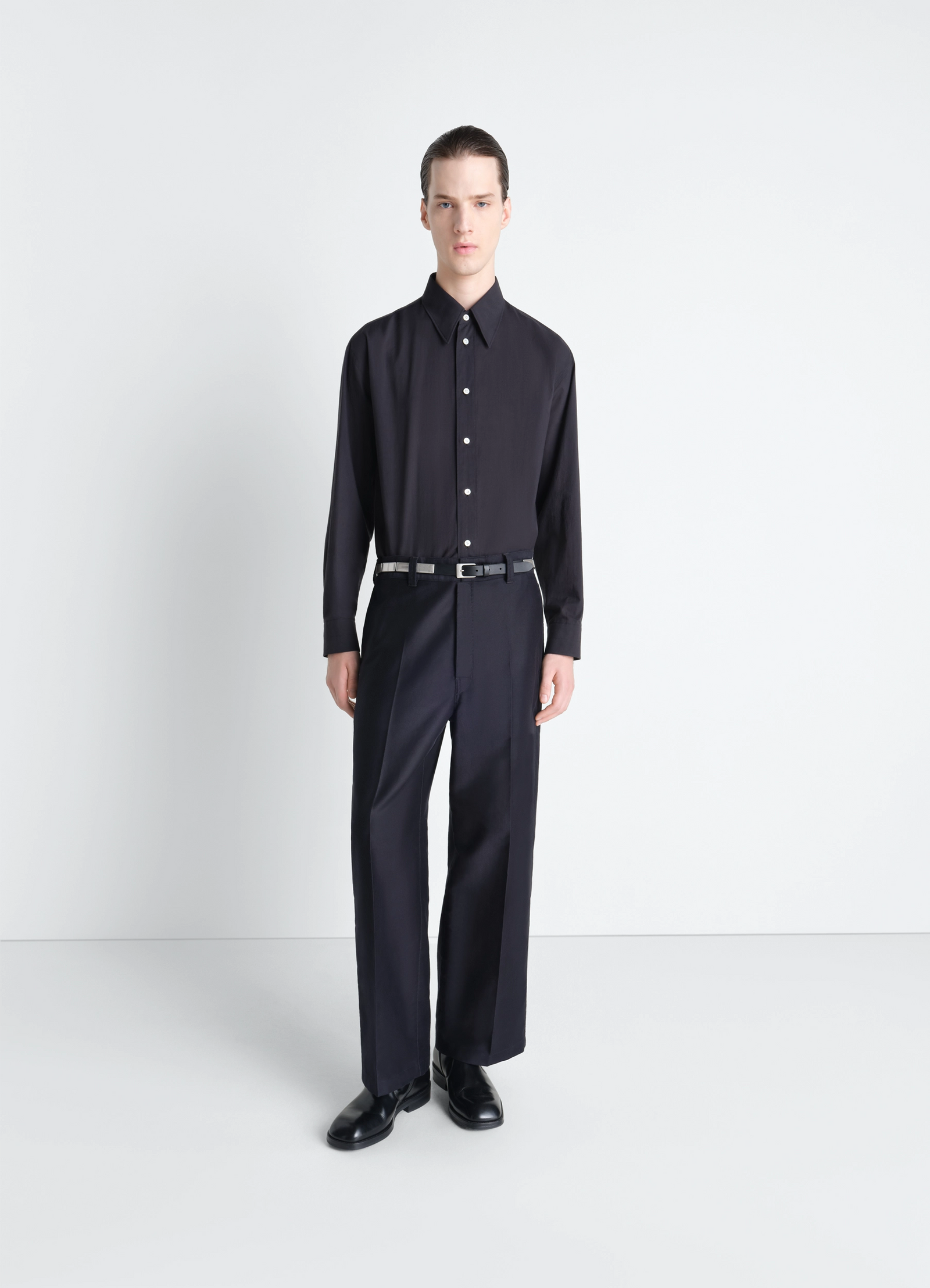 Lemaire wide workwear pants in cotton satin, model shot, front view wide leg