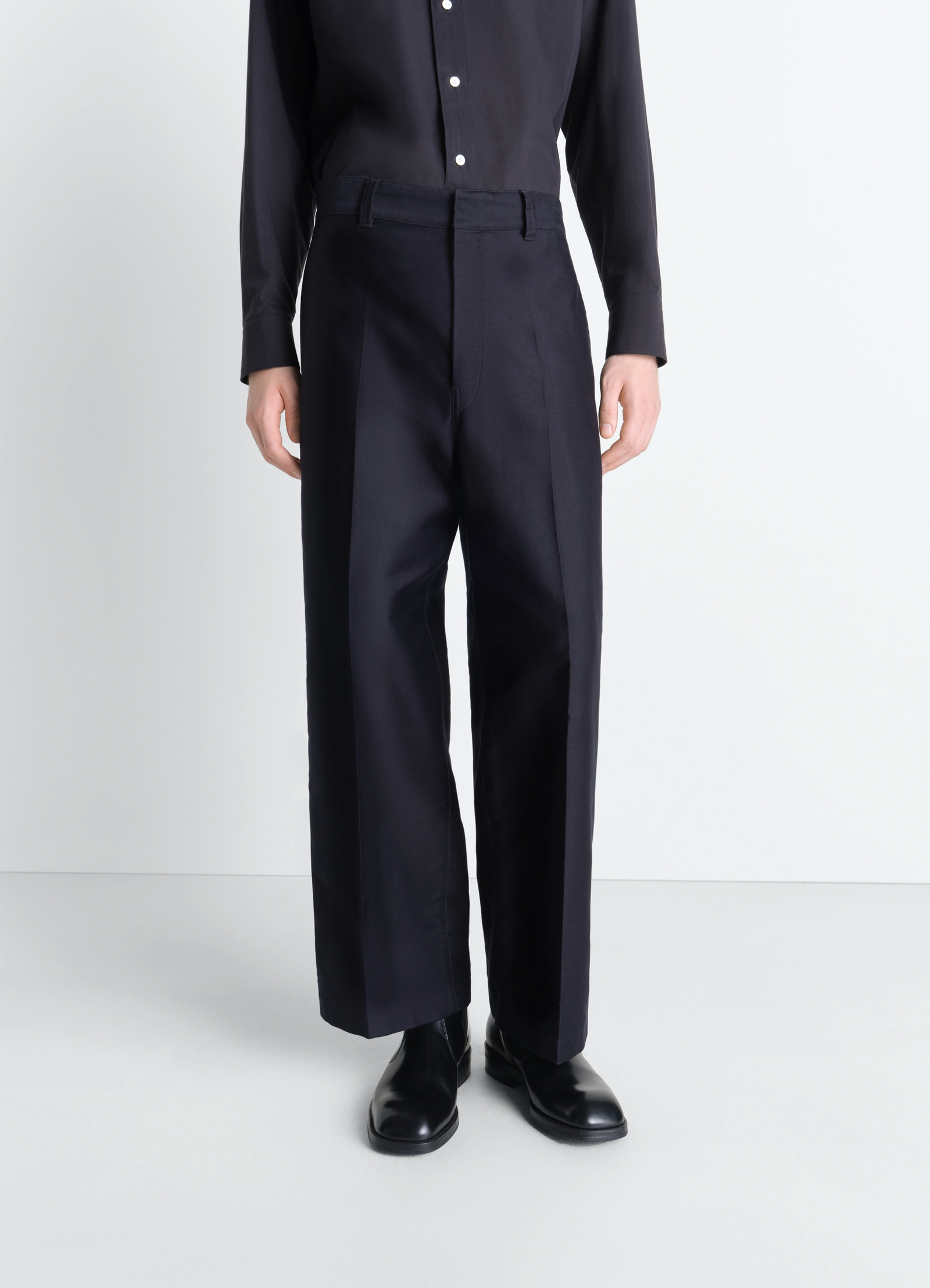 Lemaire wide workwear pants in cotton satin, model shot, front side view high waist
