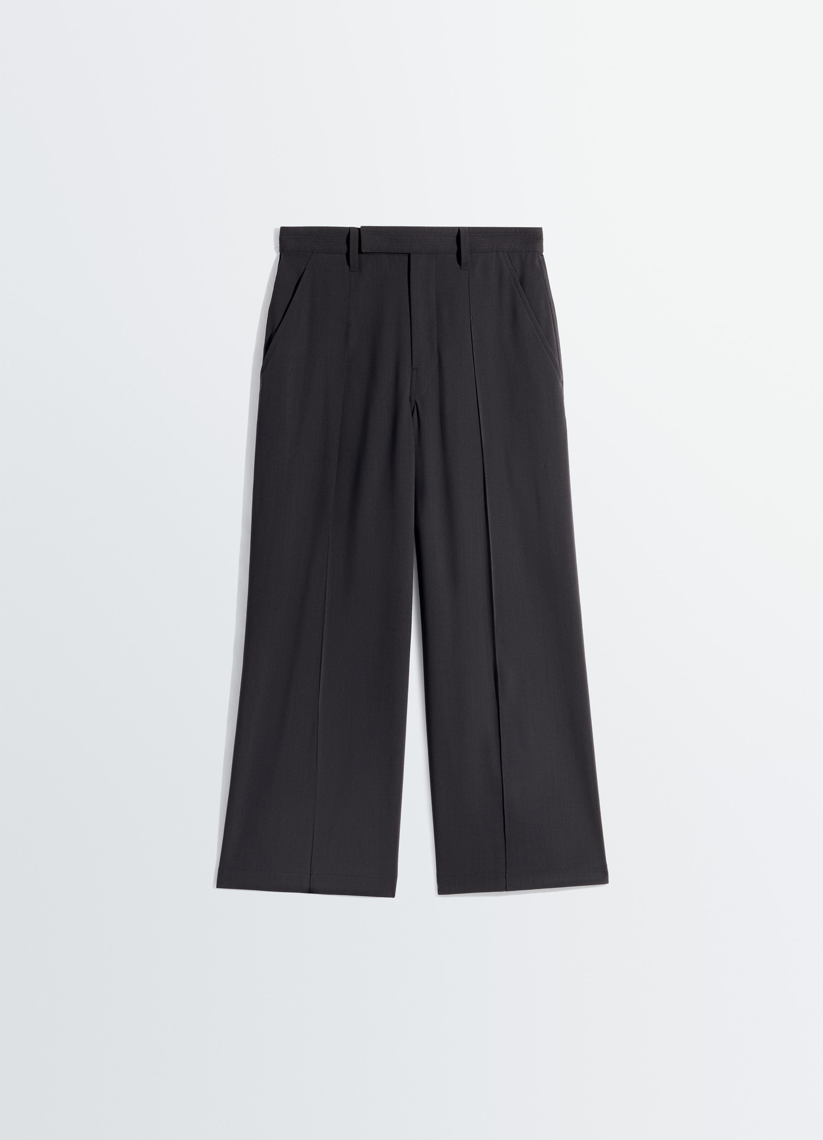 Single pleat pants in wool crêpe, product shot, flat lay top view high waist pleated