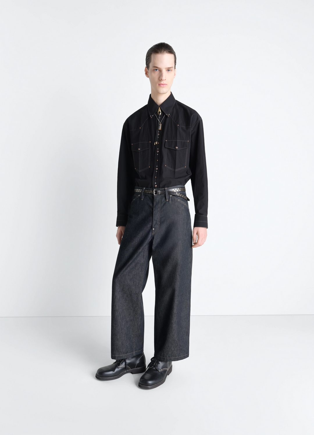 Lemaire Wide Pant with Studs in Slate Denim, model shot, Front view Wide leg