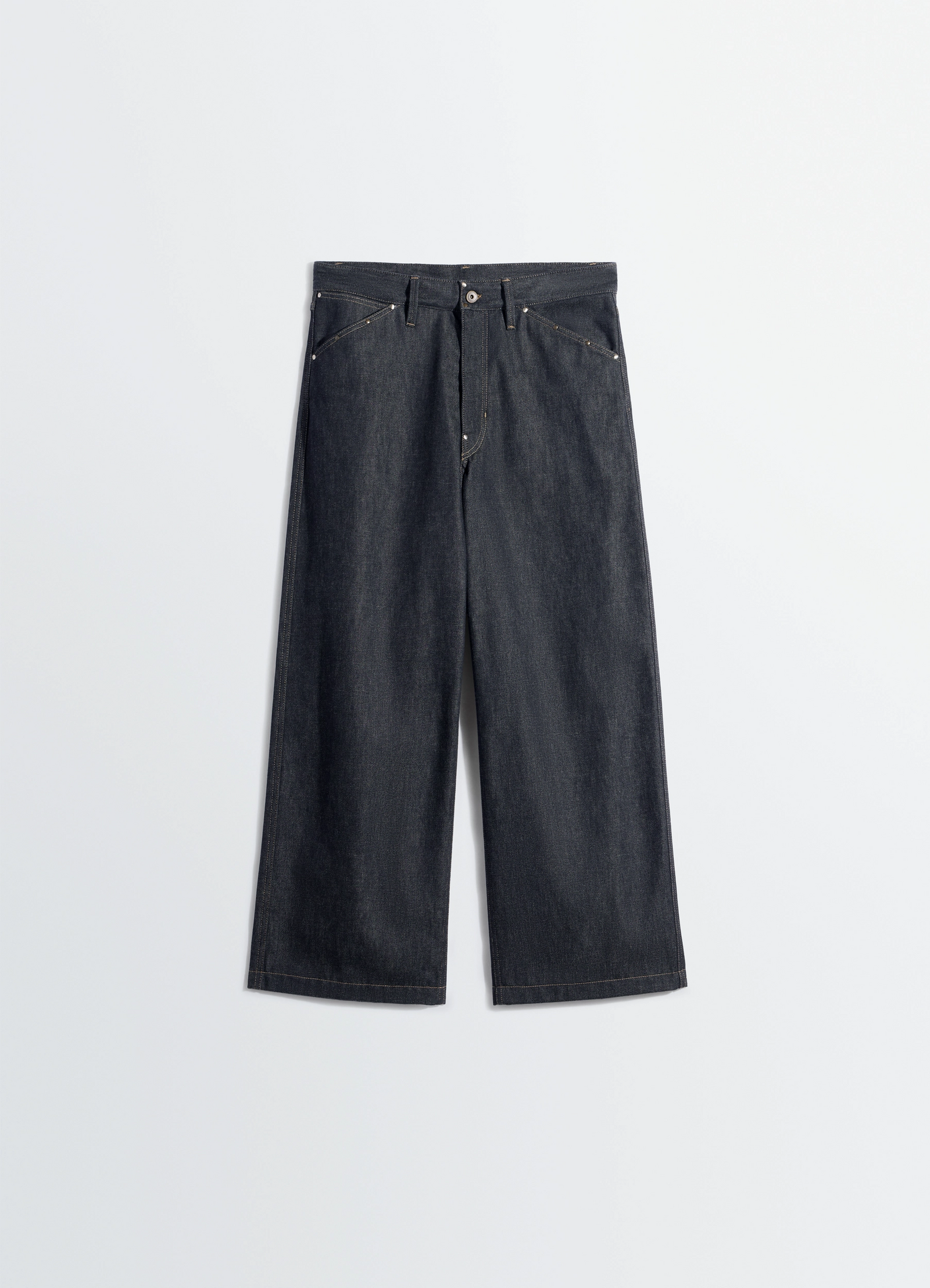 Lemaire wide pant with studs in slate denim, product shot, back view straight hem studs