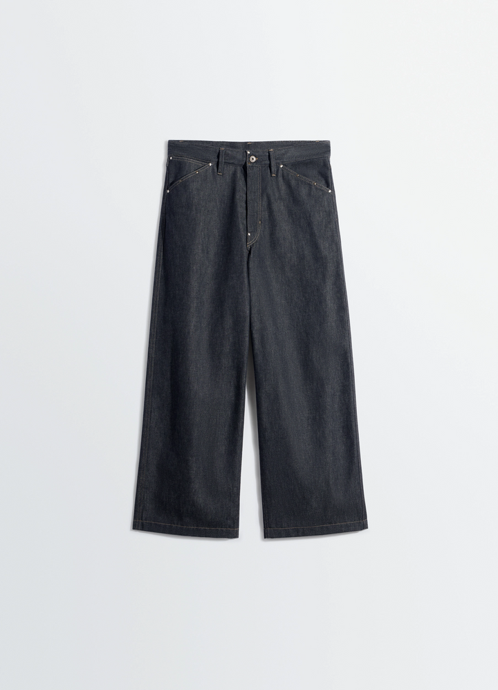 Lemaire Wide Pant with Studs in Slate Denim, product shot, back view straight hem studs