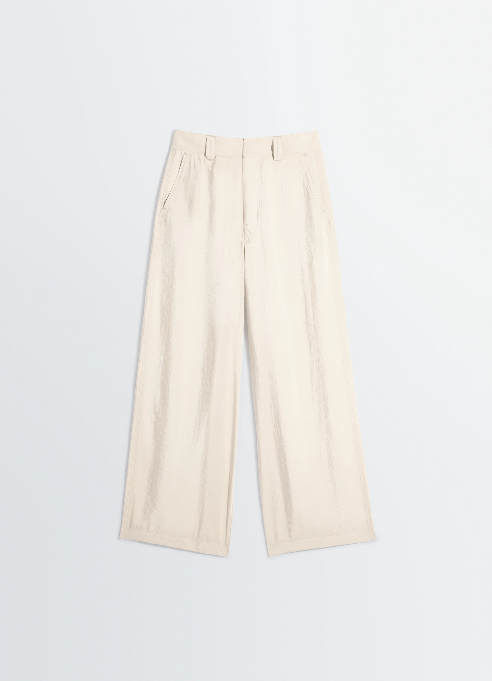 Straight tailored pants in dry silk, product shot, hanging display view pleat front design