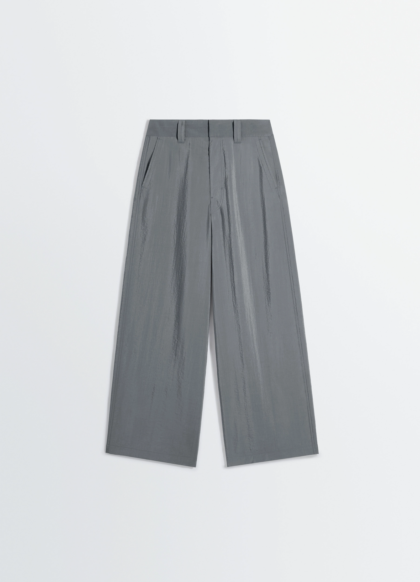 Straight tailored pants in dry silk, product shot, top-down view pleated waist