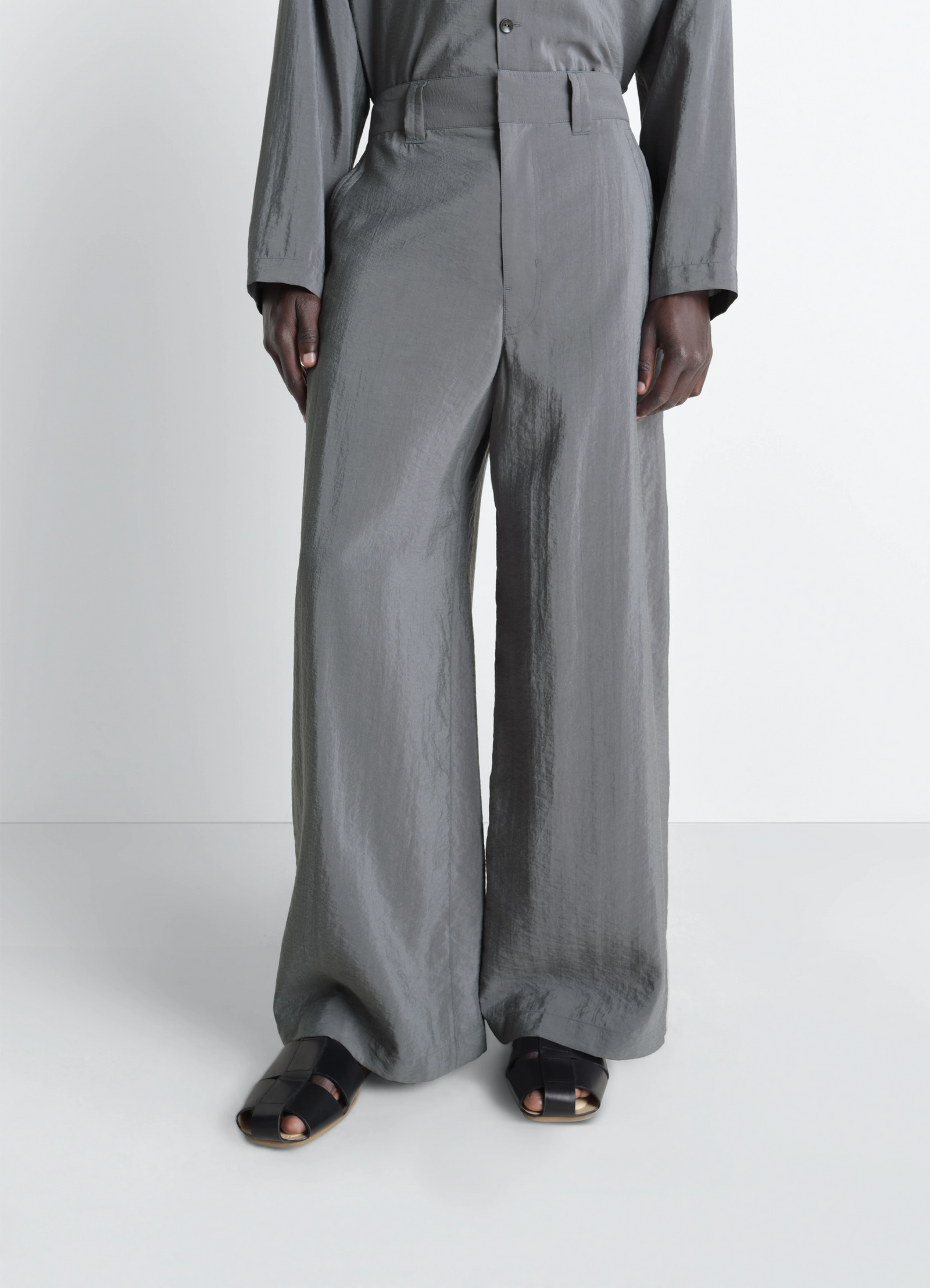 Straight tailored pants in dry silk, model shot, lower front view relaxed fit