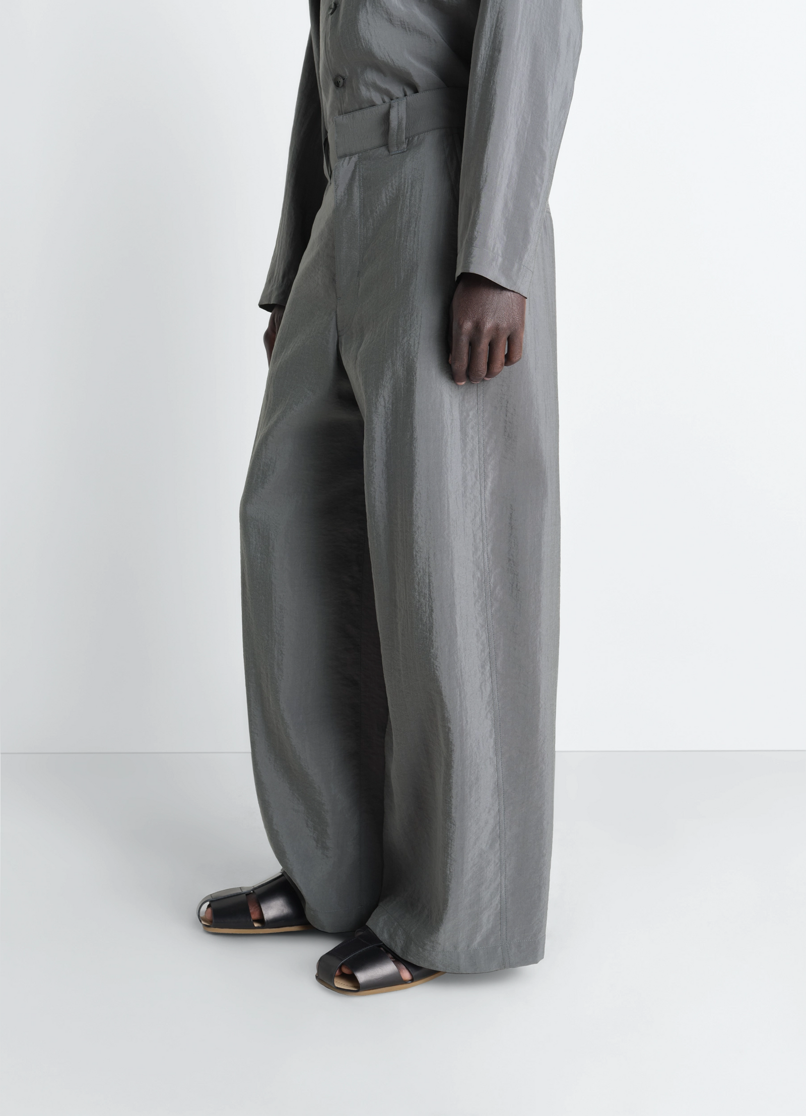 Straight tailored pants in dry silk, model shot, side angle high waist