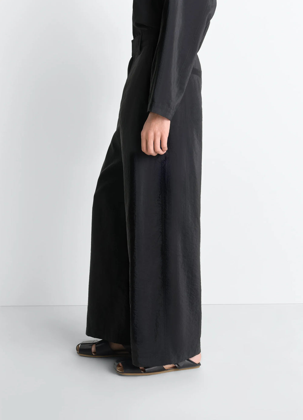 Straight Tailored Pants in Dry Silk, model shot, side view wide leg high slung