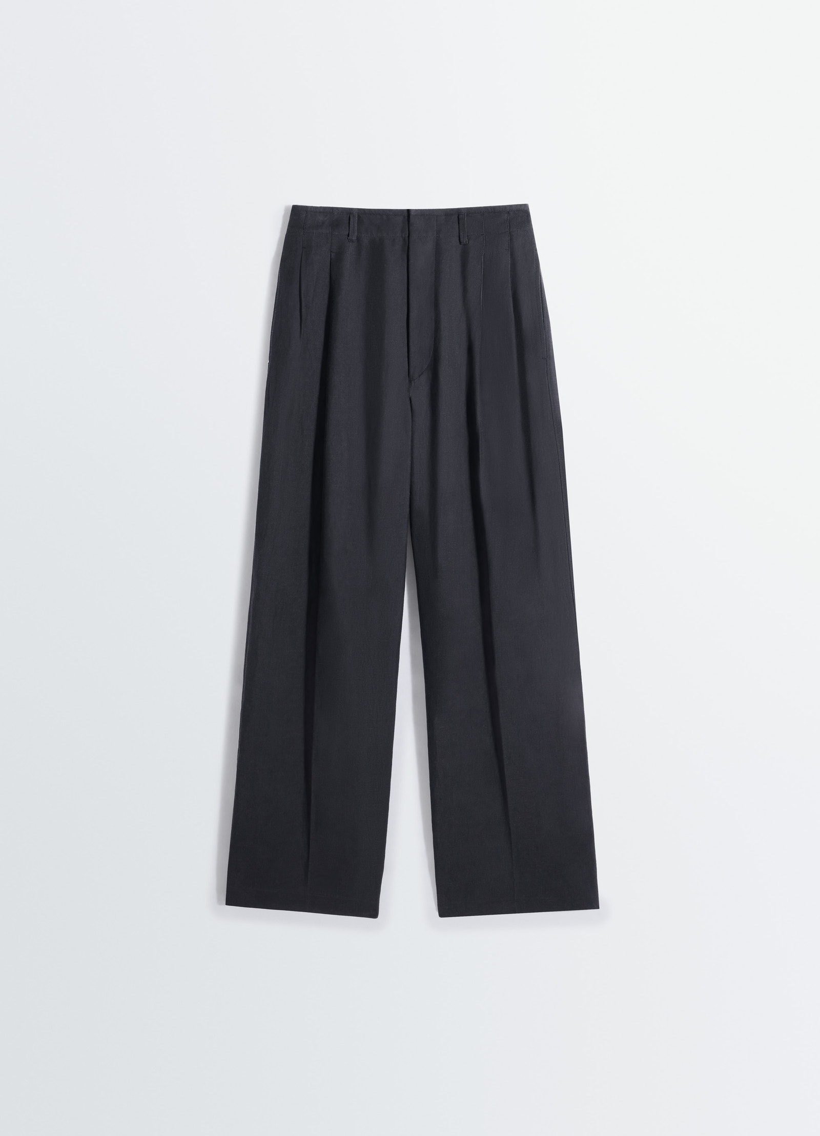 Pleated tailored pants in viscose linen gabardine, product shot, full lower body view high waist wide leg