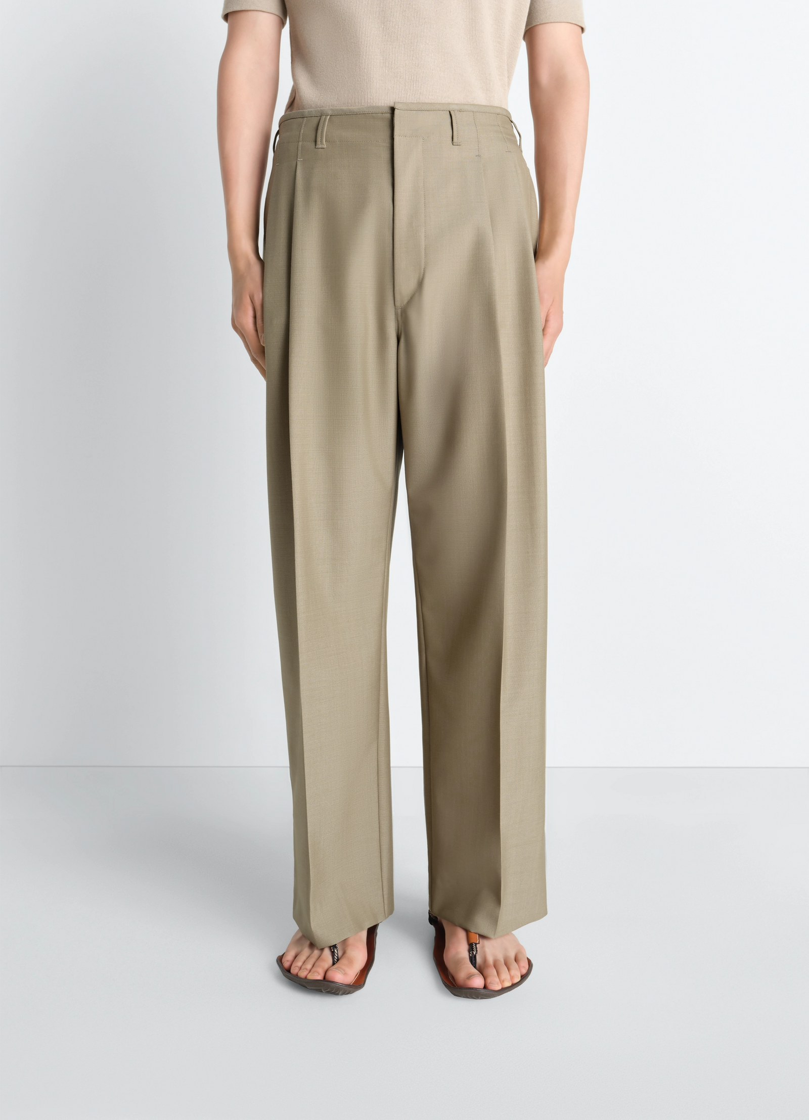 PLEATED TAILORED PANTS IN POLYWOOL - Hay Green - Tropical Polywool PLEATED TAILORED PANTS IN POLYWOOL - Hay Green - Tropical Polywool