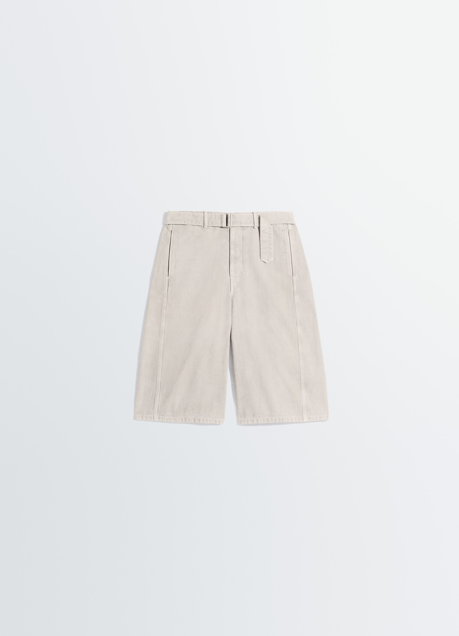 Denim short in heavy broken twill in snow, product shot, top view belted waist flat lay