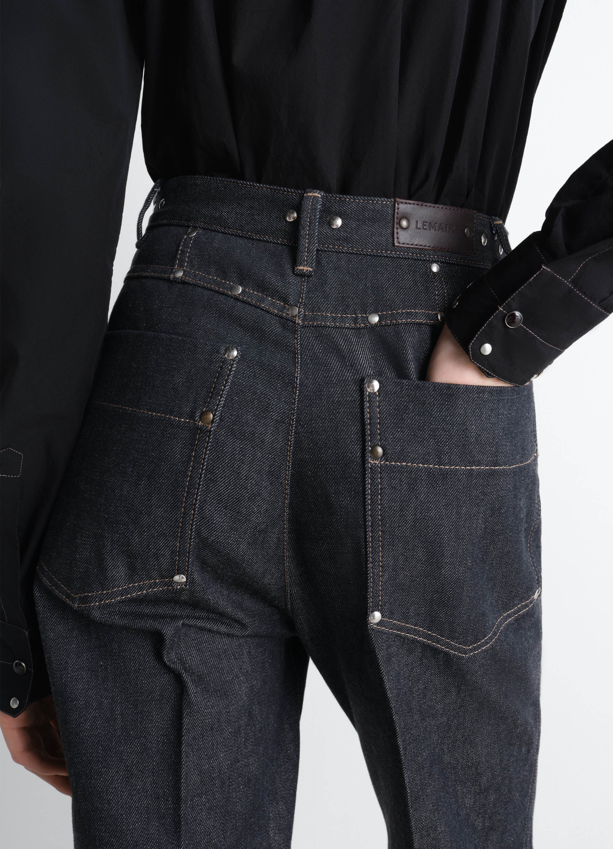 HIGH WAISTED STRAIGHT PANTS WITH STUDS IN DENIM - Slate - Heavy