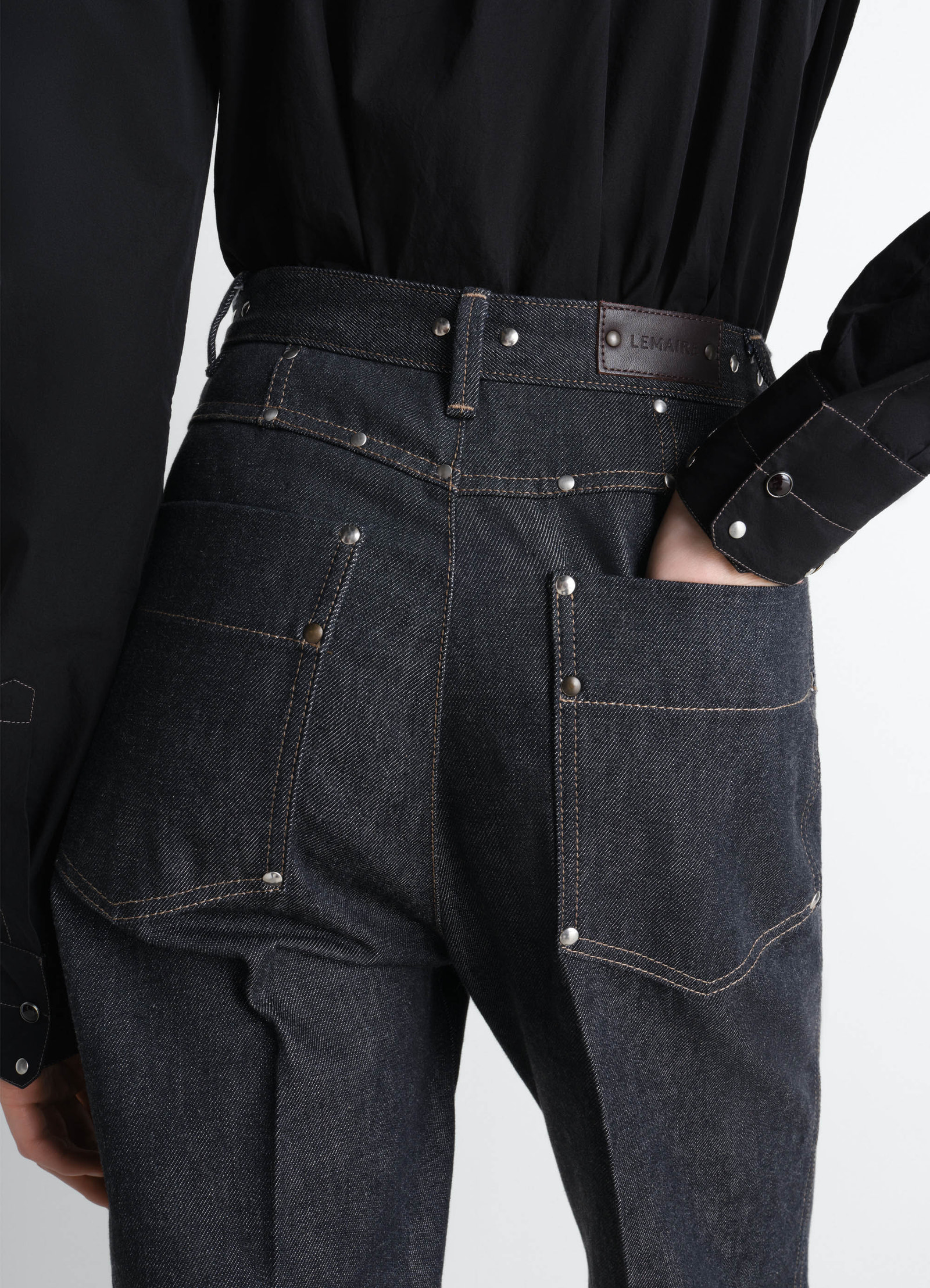 High waisted straight pants with st in slate denim, model shot, back detail view pocket rivet detail