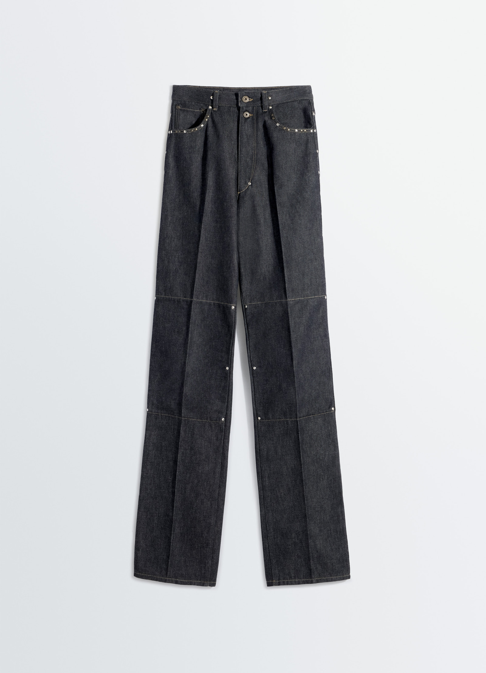 High waisted straight pants with st in slate denim, product shot, flat lay overhead view stud embellishments, sectioned legs