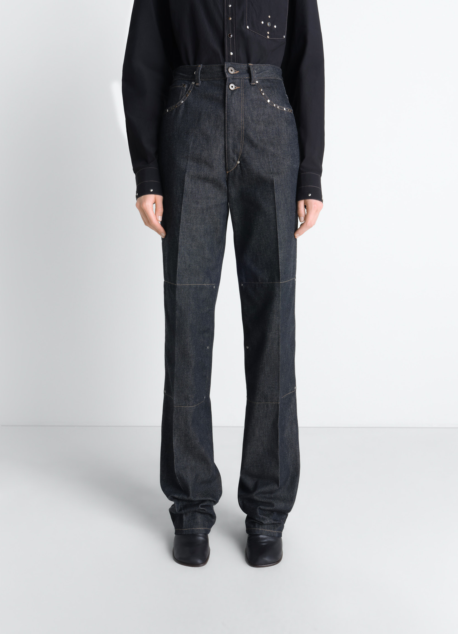 High waisted straight pants with st in slate denim, model shot, full-figure front view straight leg, button detail