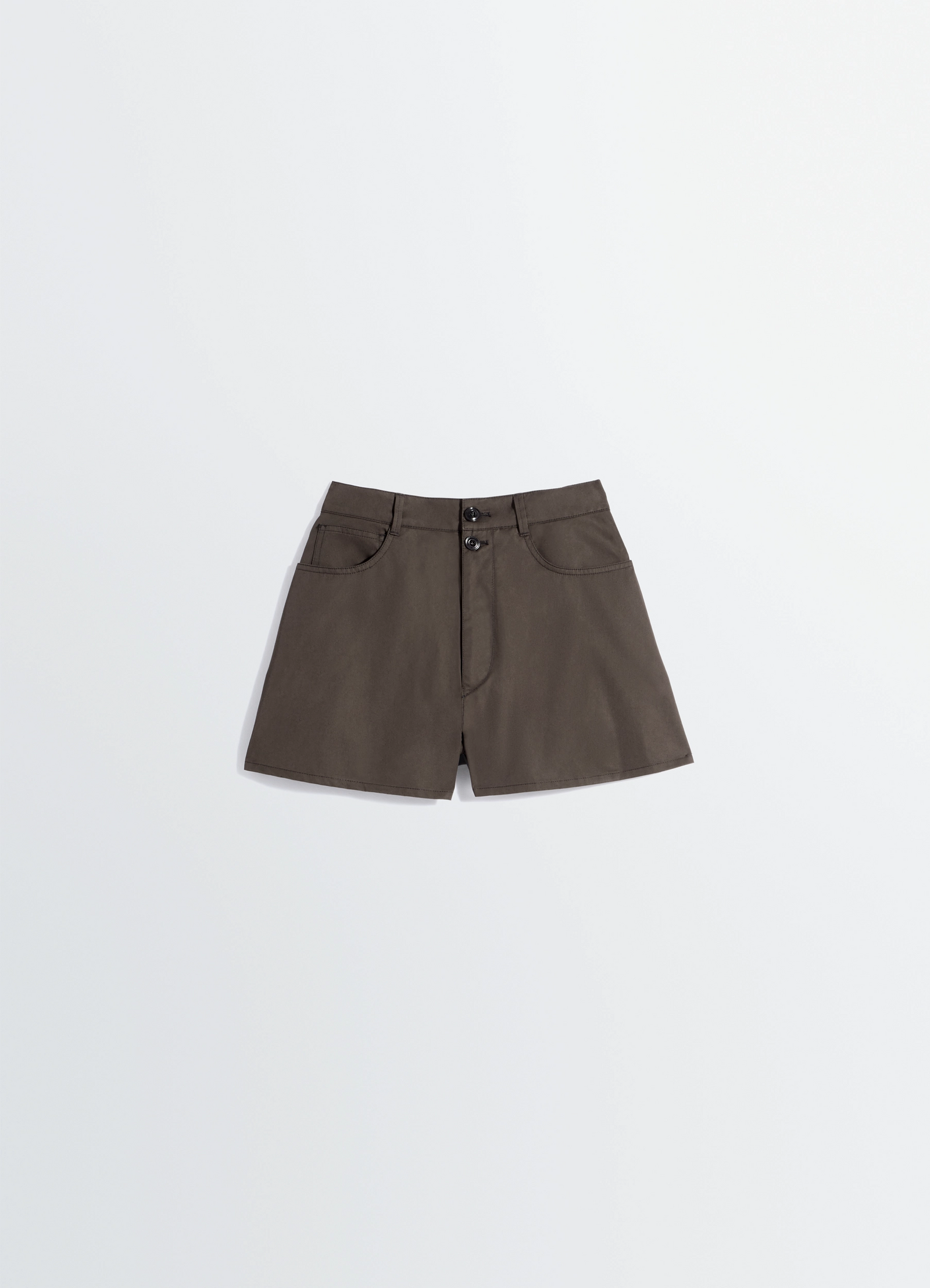 Shorts in cotton twill in cotton twill dark brown, product shot, top-down view twin pocket front