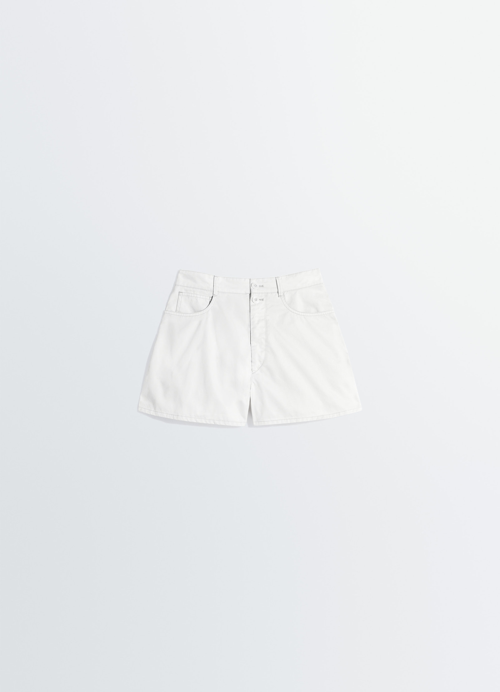 Shorts in cotton twill in rinse-washed cotton twill, product shot, overhead view a-line high waist