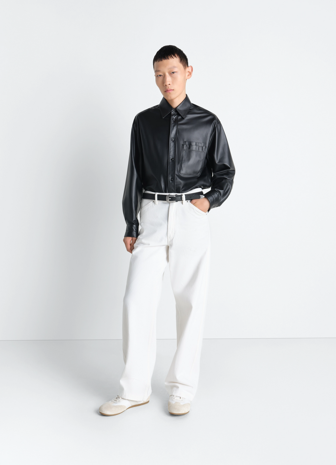 Lemaire Wide Pants in Denim in Bleached Denim, model shot, Front view Wide leg