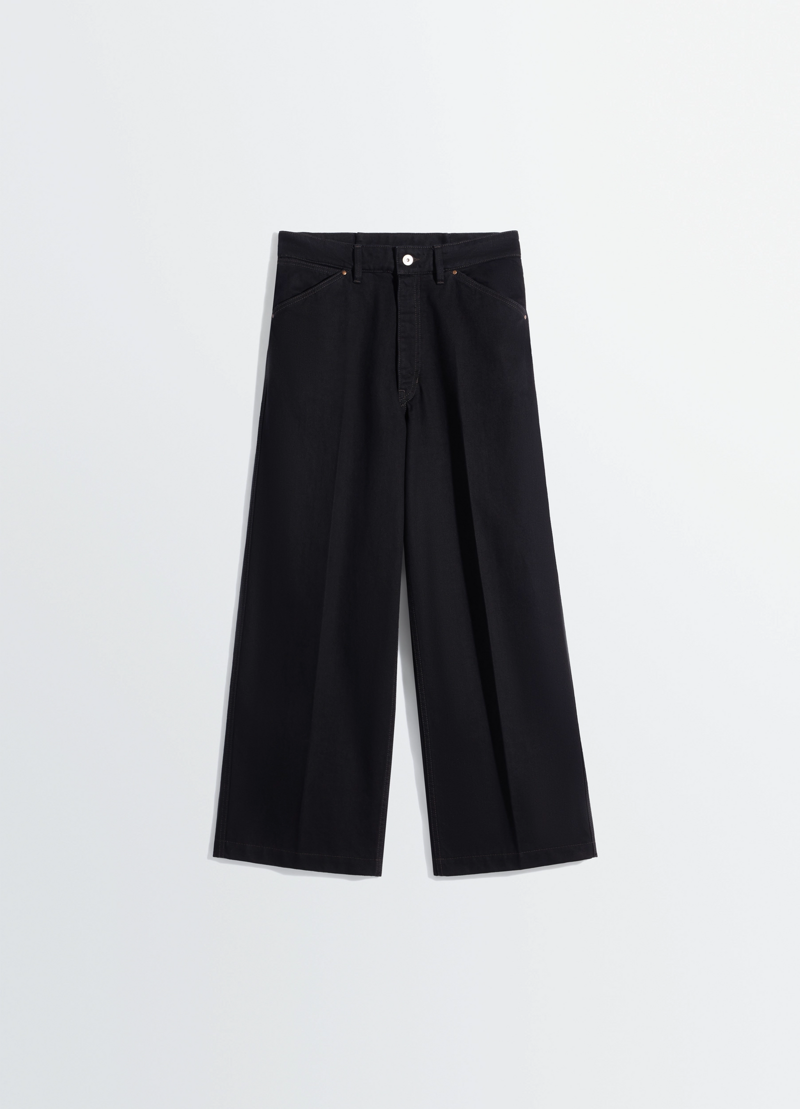 Lemaire wide pants in black denim, product shot, half-rolled display pleated wide leg