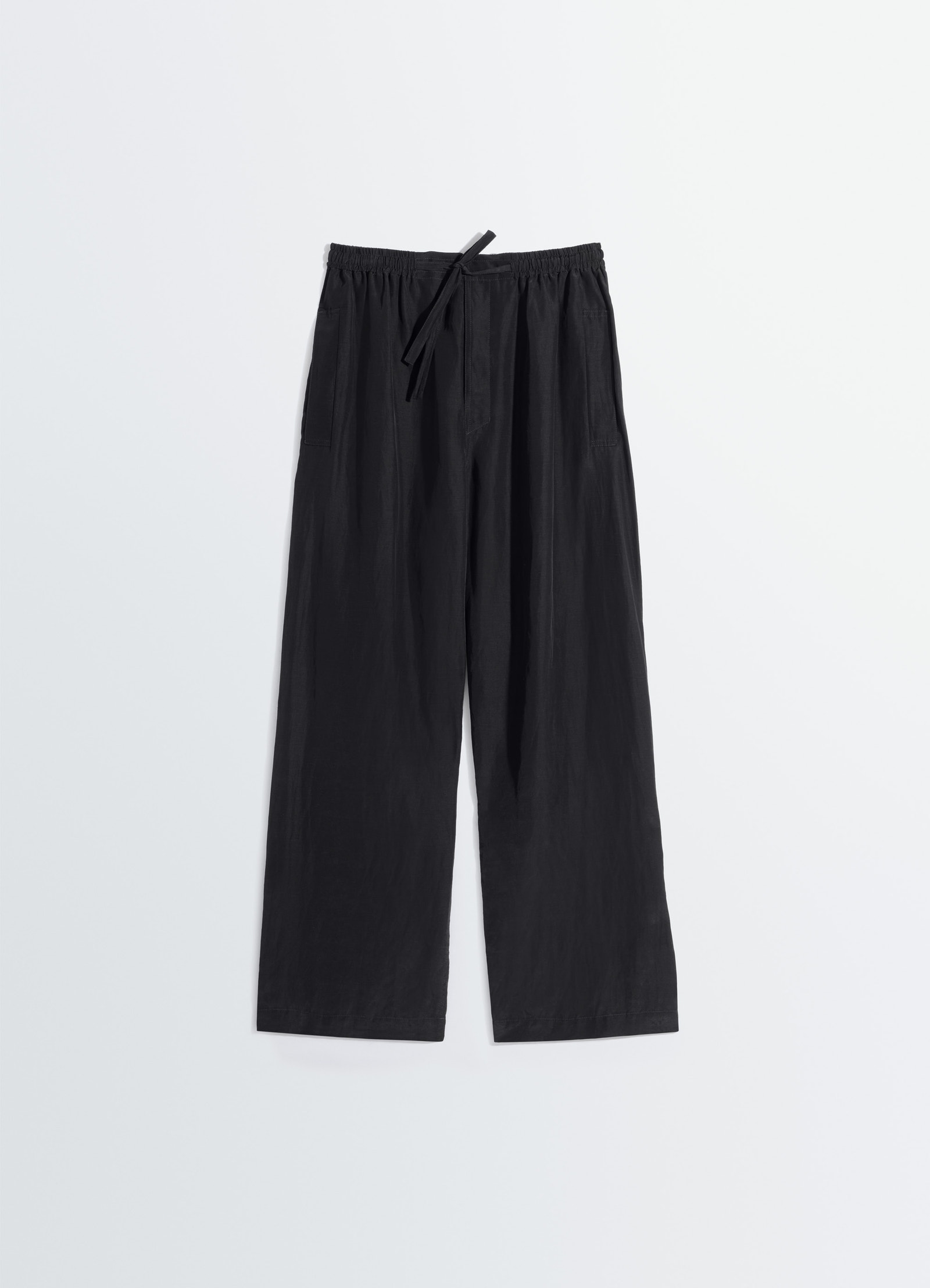Lemaire pyjama pants in black linen viscose, product shot, top view straight leg, no pockets