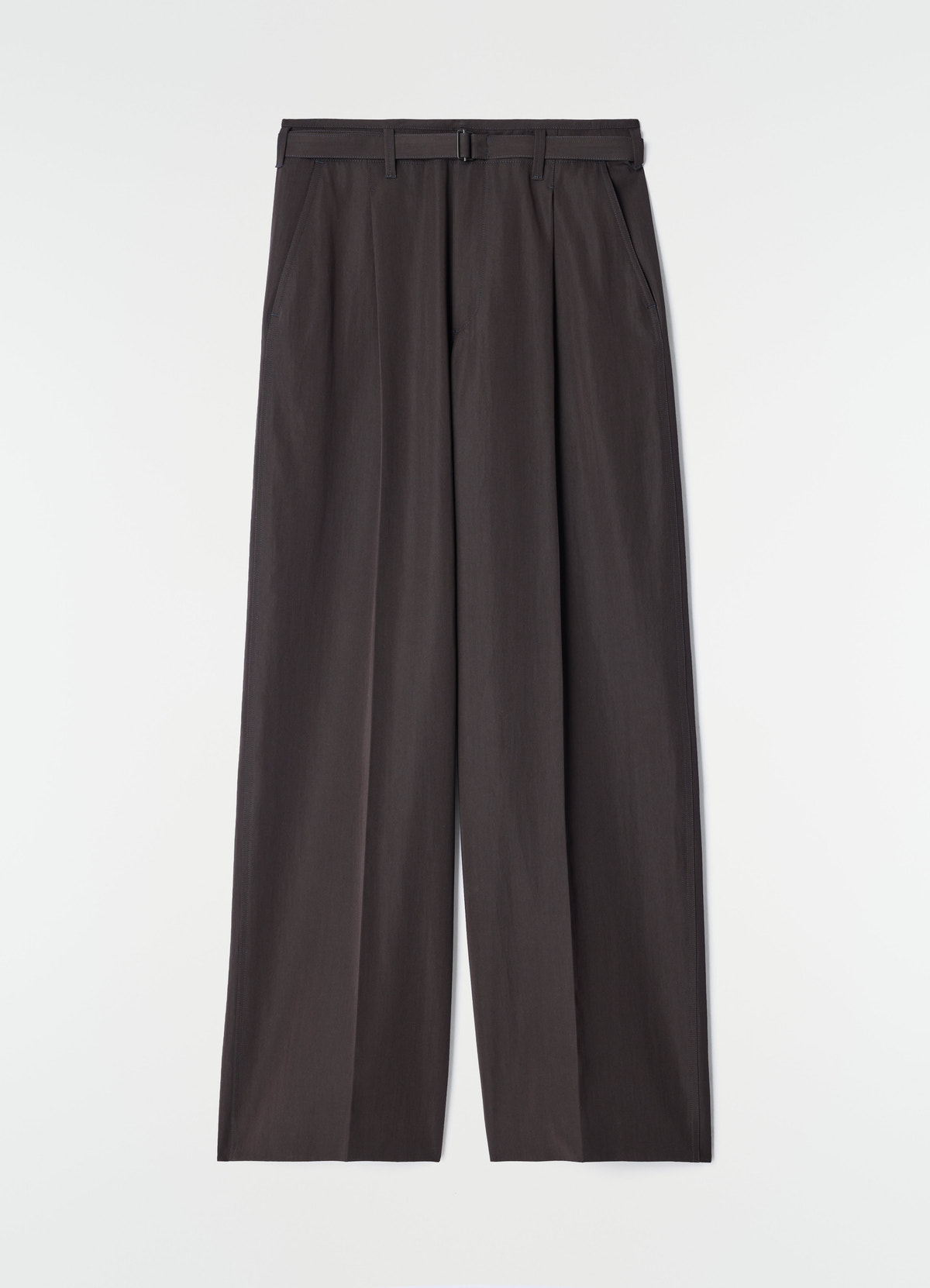 Wide pleated dark brown wool gabardine pants with belt by lemaire flat lay on white background